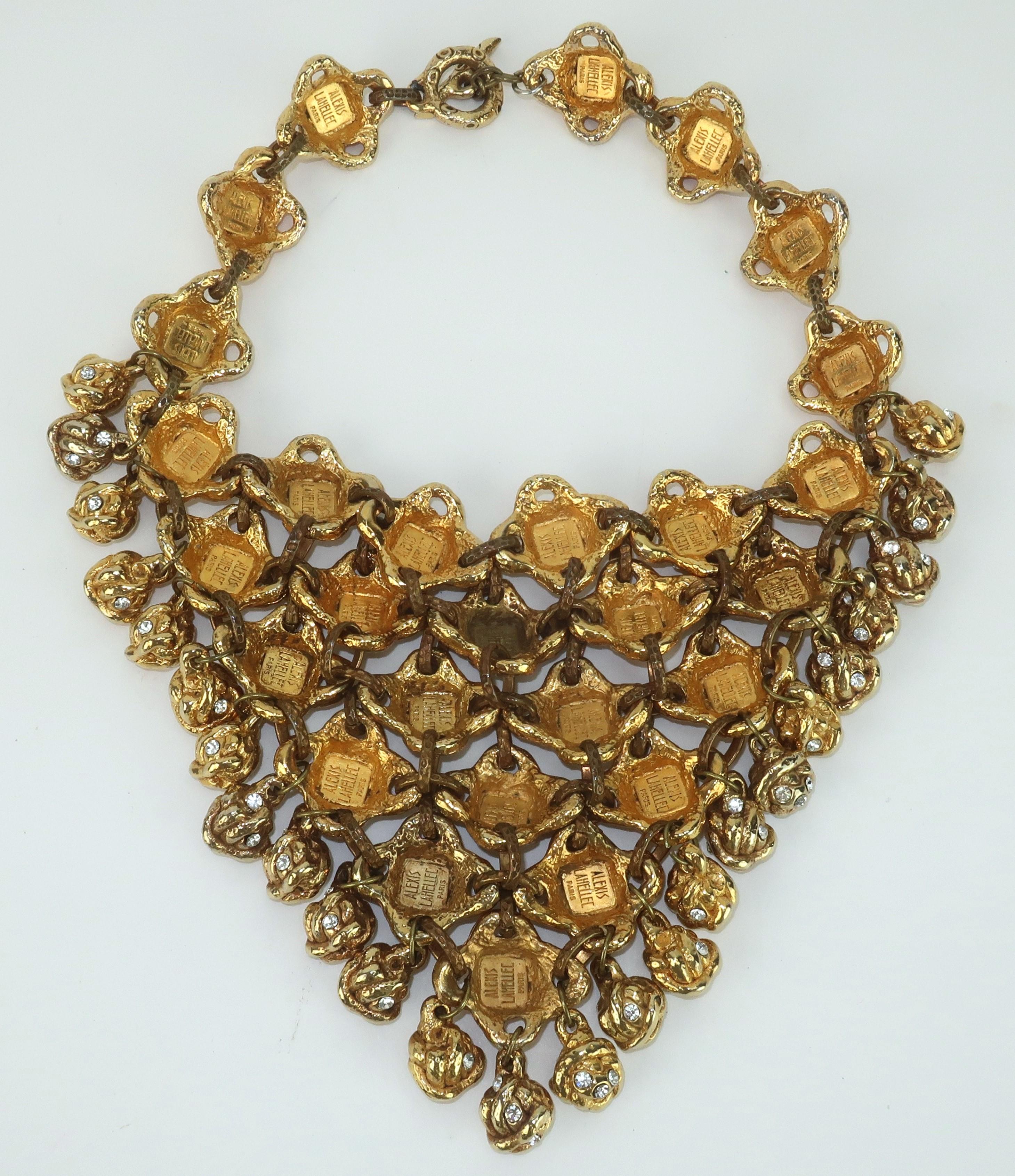 ALEXIS LAHELLEC Brutalist Gold Tone & Rhinestone French Bib Necklace, 1980’s For Sale 4
