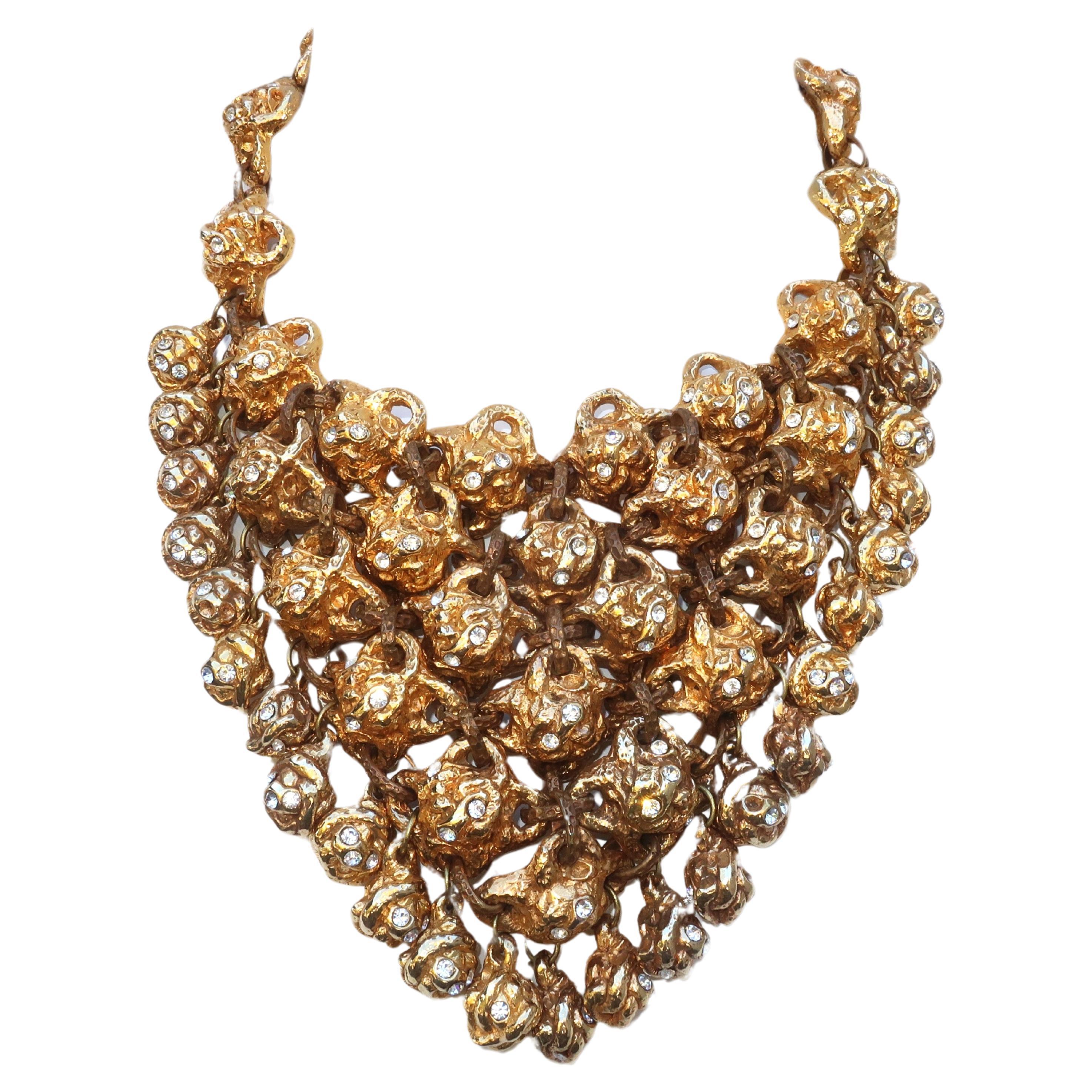 ALEXIS LAHELLEC Brutalist Gold Tone & Rhinestone French Bib Necklace, 1980’s For Sale