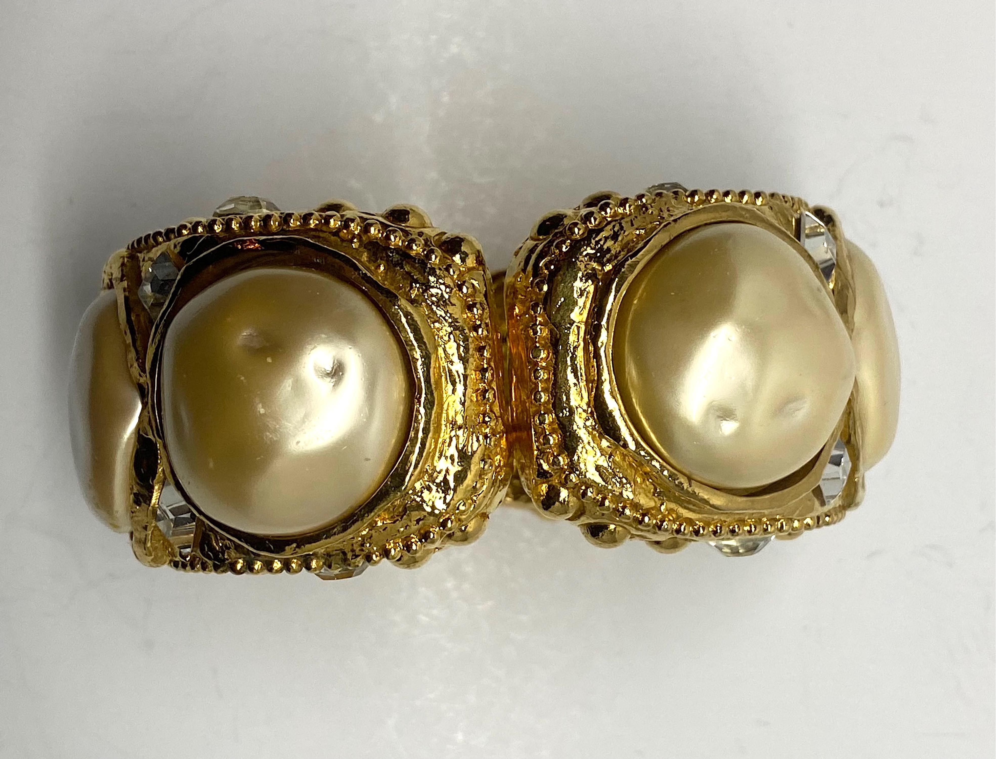 Alexis Lahellec Gold, Cristal and Pearl Byzantine Style 1980s Cuff Bracelet 6