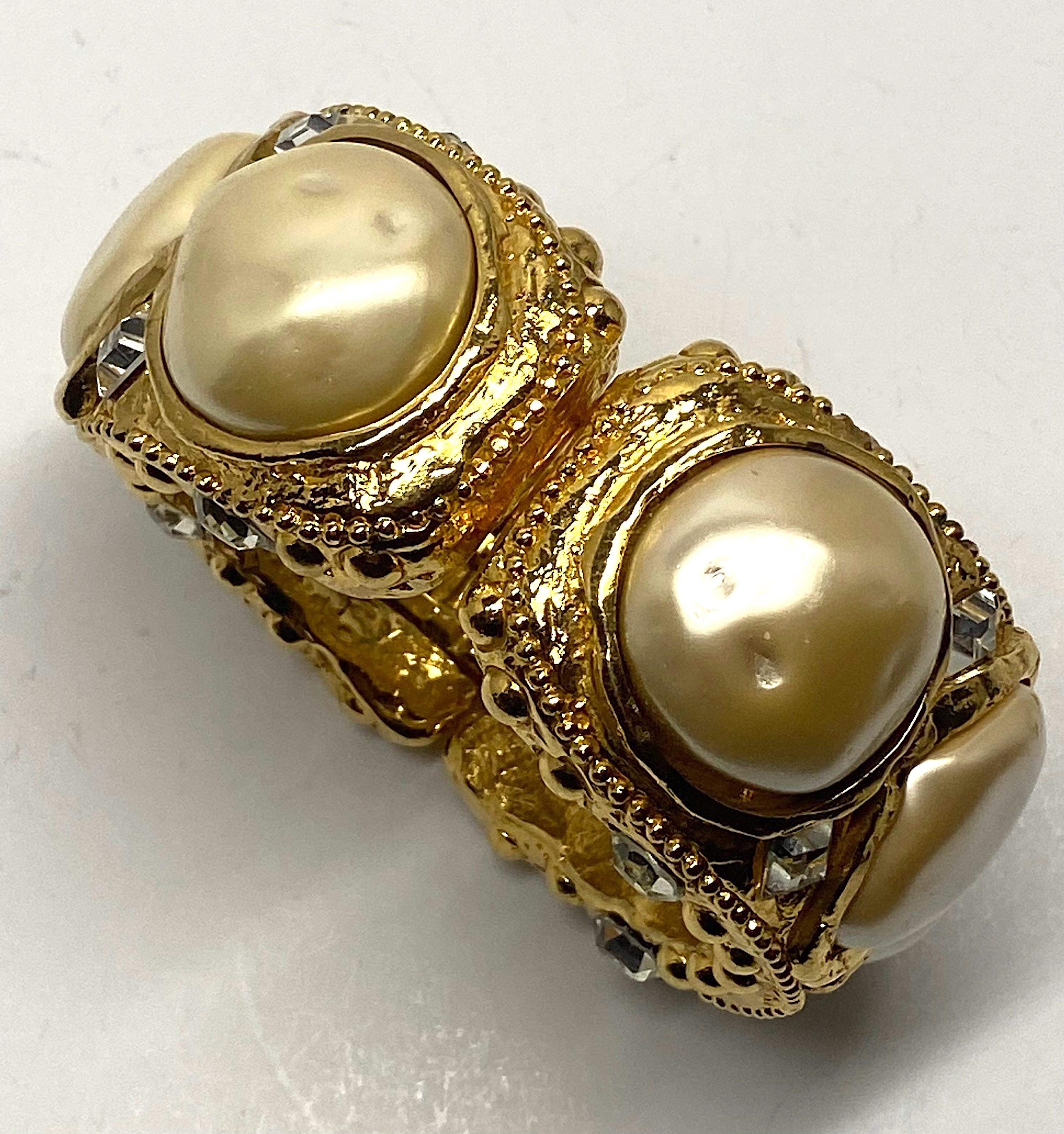 Alexis Lahellec Gold, Cristal and Pearl Byzantine Style 1980s Cuff Bracelet 8