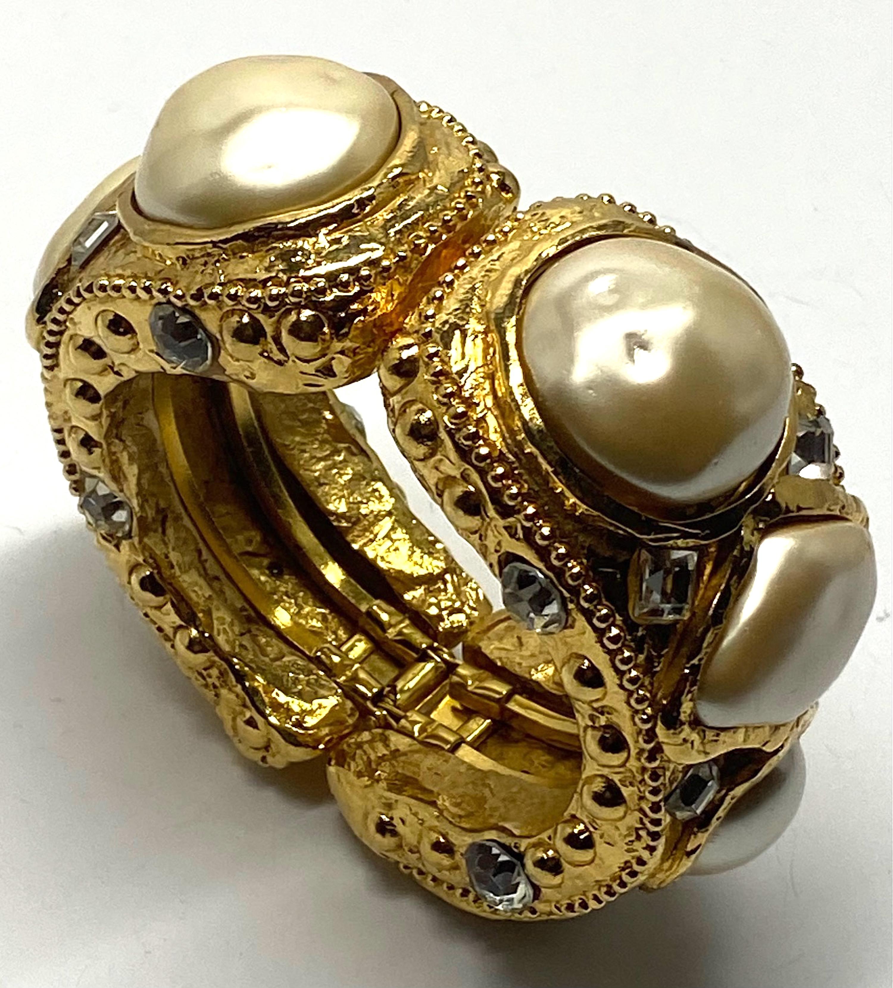 Alexis Lahellec Gold, Cristal and Pearl Byzantine Style 1980s Cuff Bracelet 9
