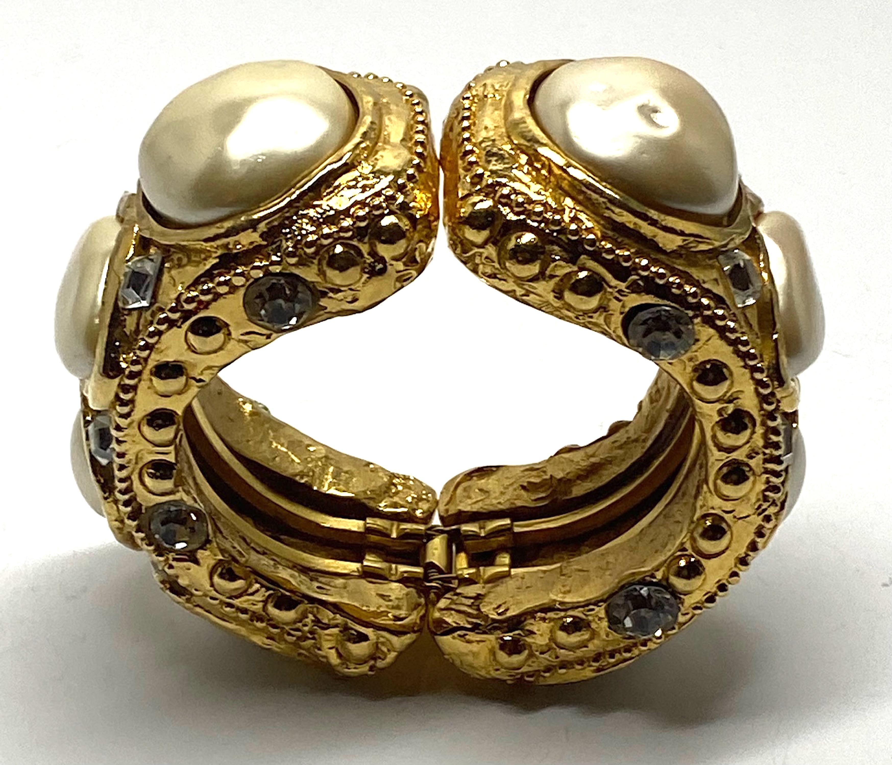 Alexis Lahellec Gold, Cristal and Pearl Byzantine Style 1980s Cuff Bracelet 10