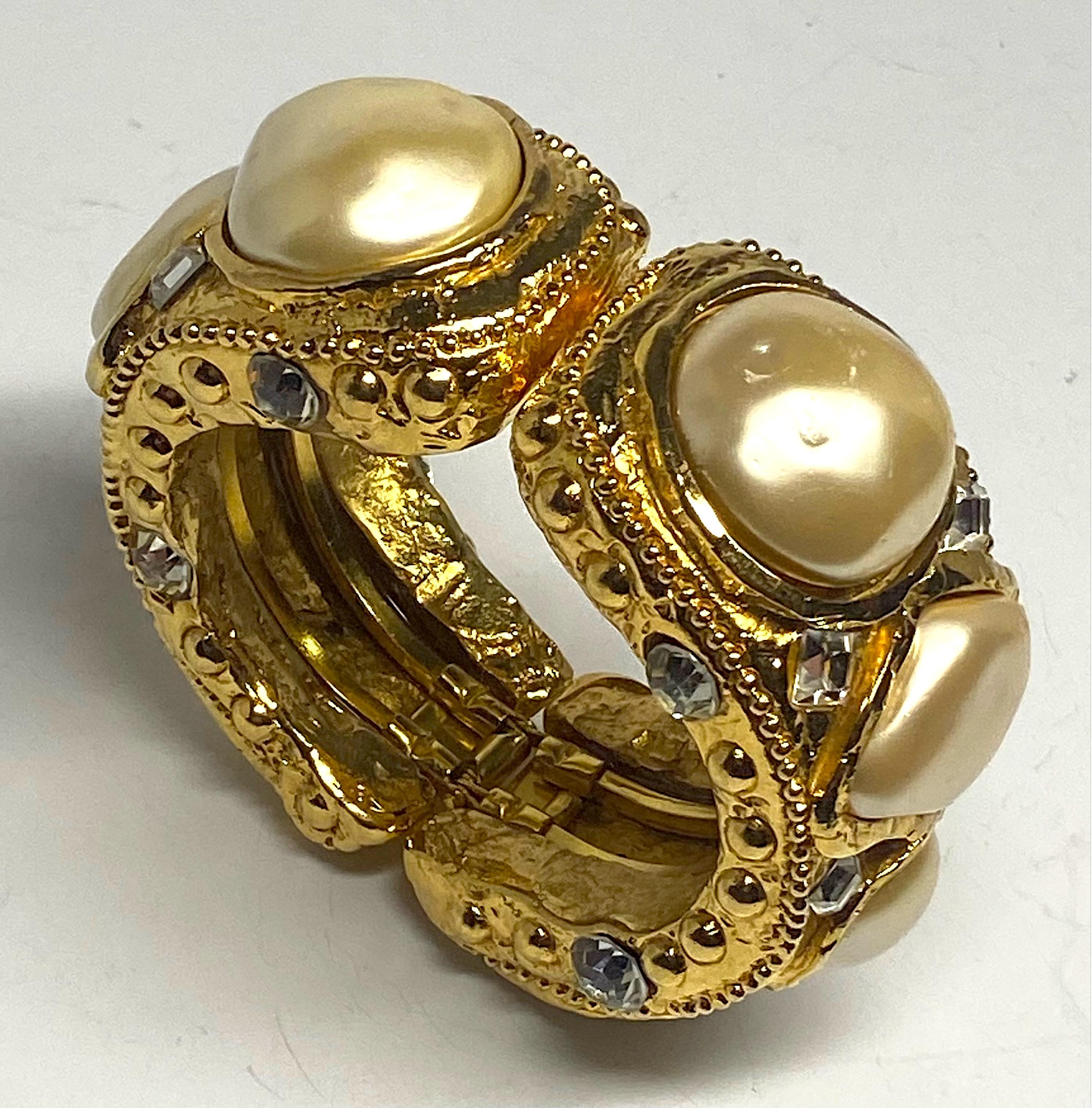 Round Cut Alexis Lahellec Gold, Cristal and Pearl Byzantine Style 1980s Cuff Bracelet