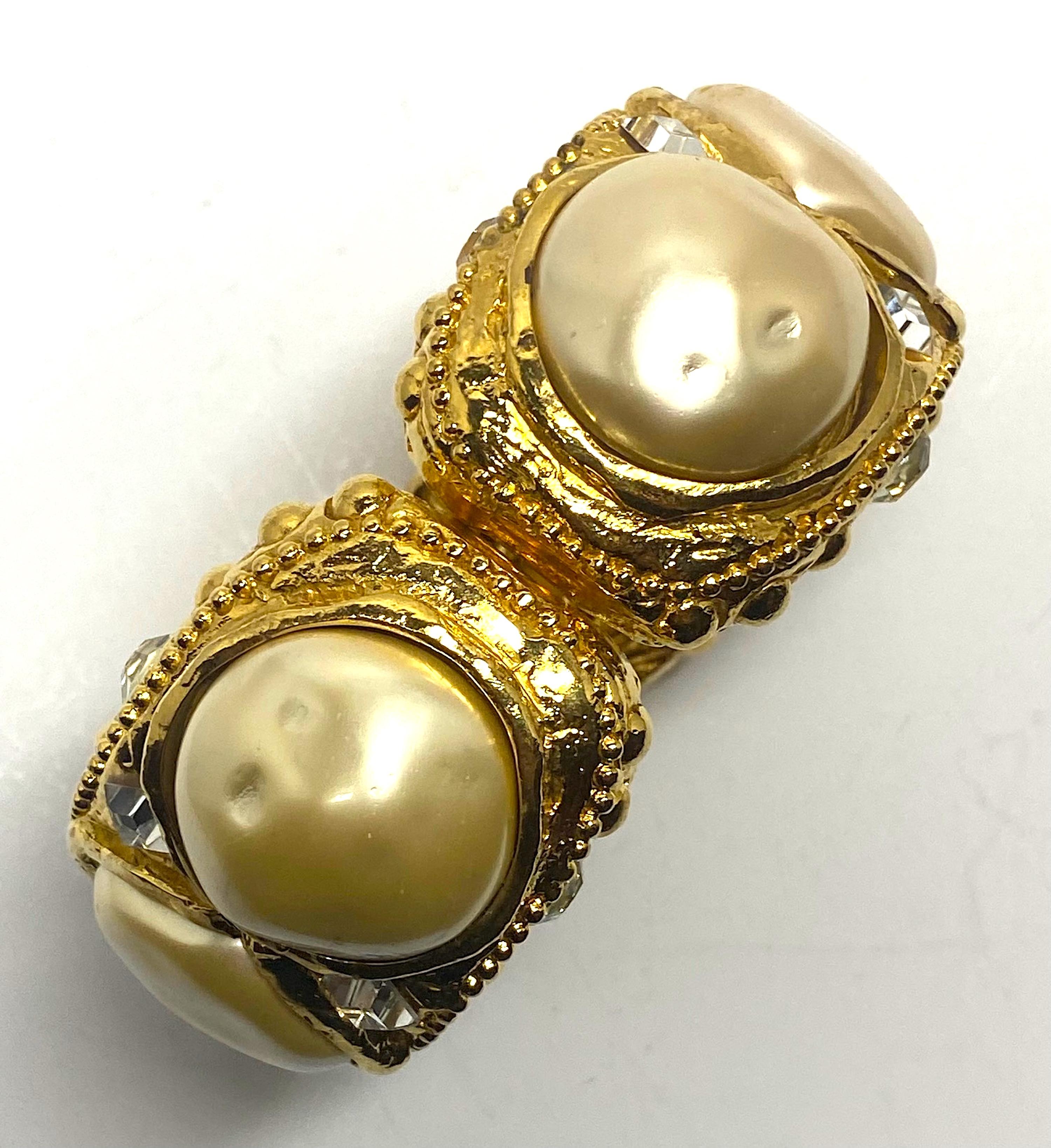 Alexis Lahellec Gold, Cristal and Pearl Byzantine Style 1980s Cuff Bracelet In Good Condition In New York, NY