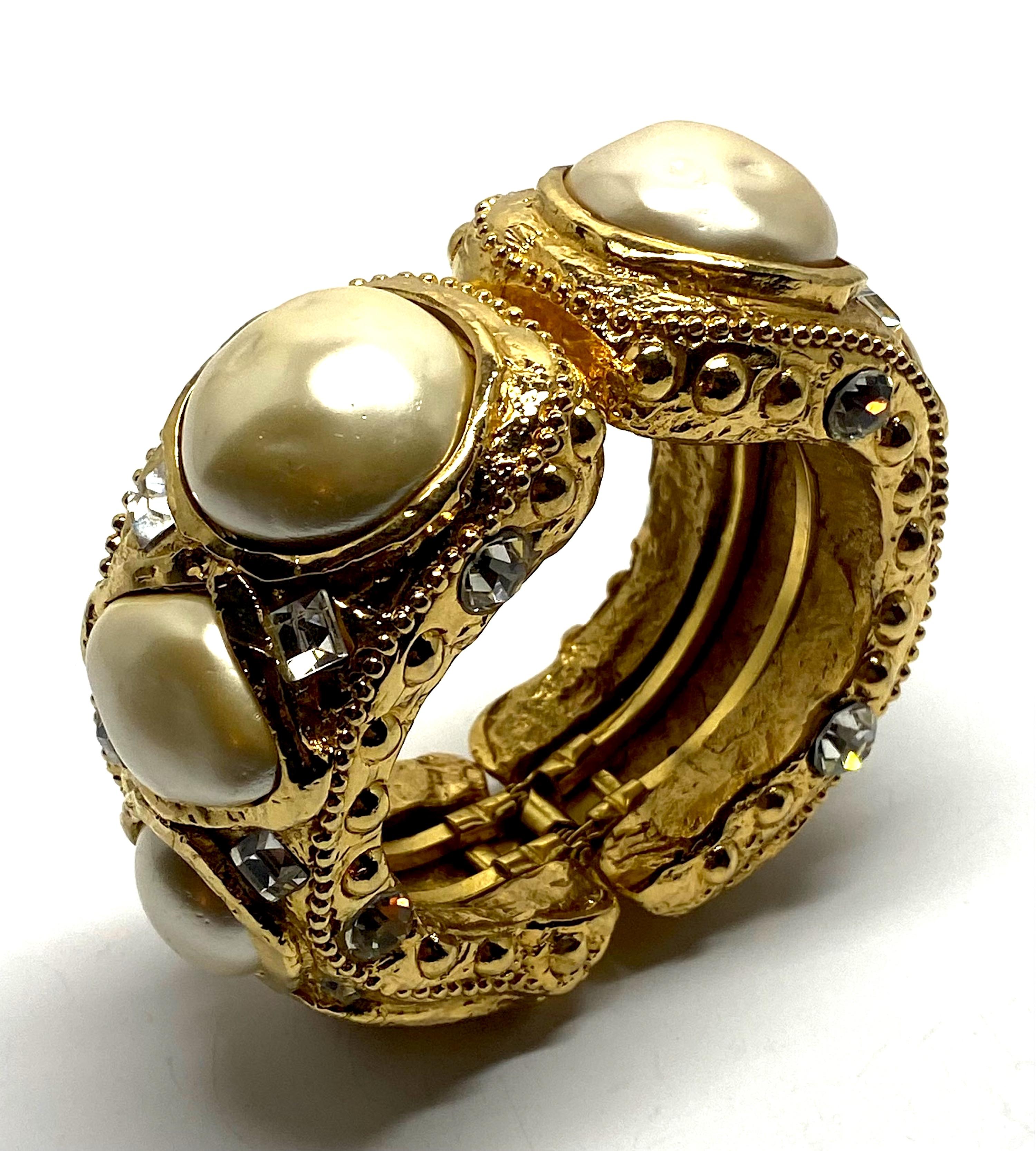 Women's Alexis Lahellec Gold, Cristal and Pearl Byzantine Style 1980s Cuff Bracelet