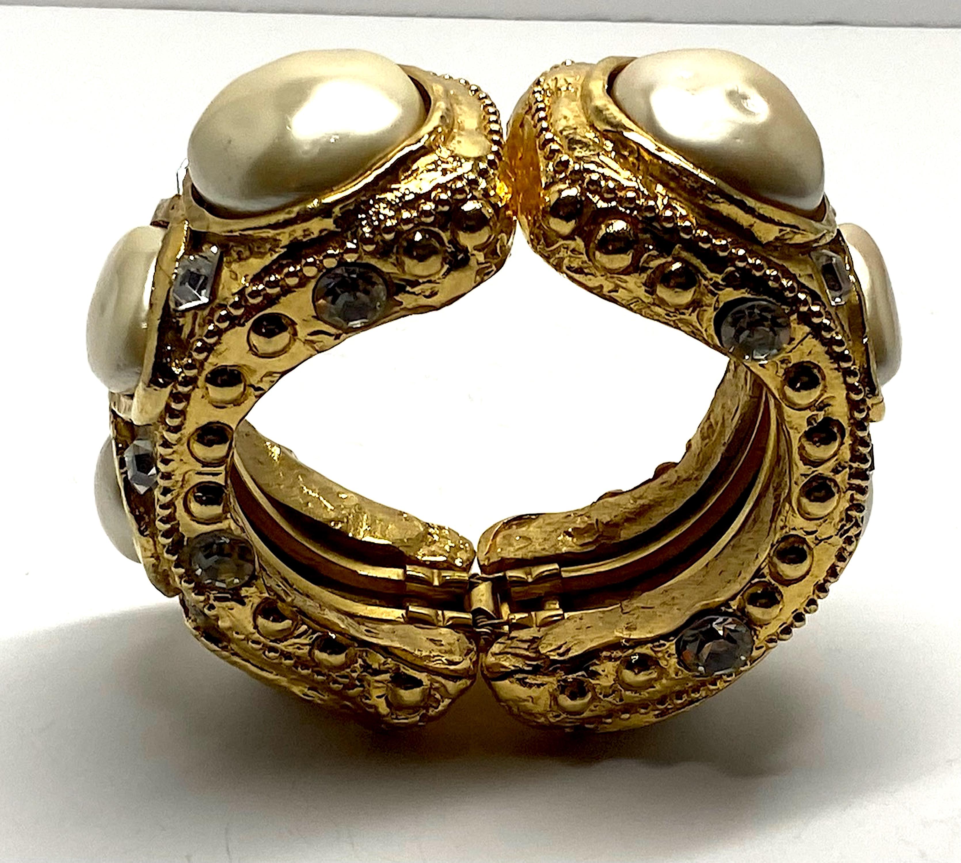 Alexis Lahellec Gold, Cristal and Pearl Byzantine Style 1980s Cuff Bracelet 1