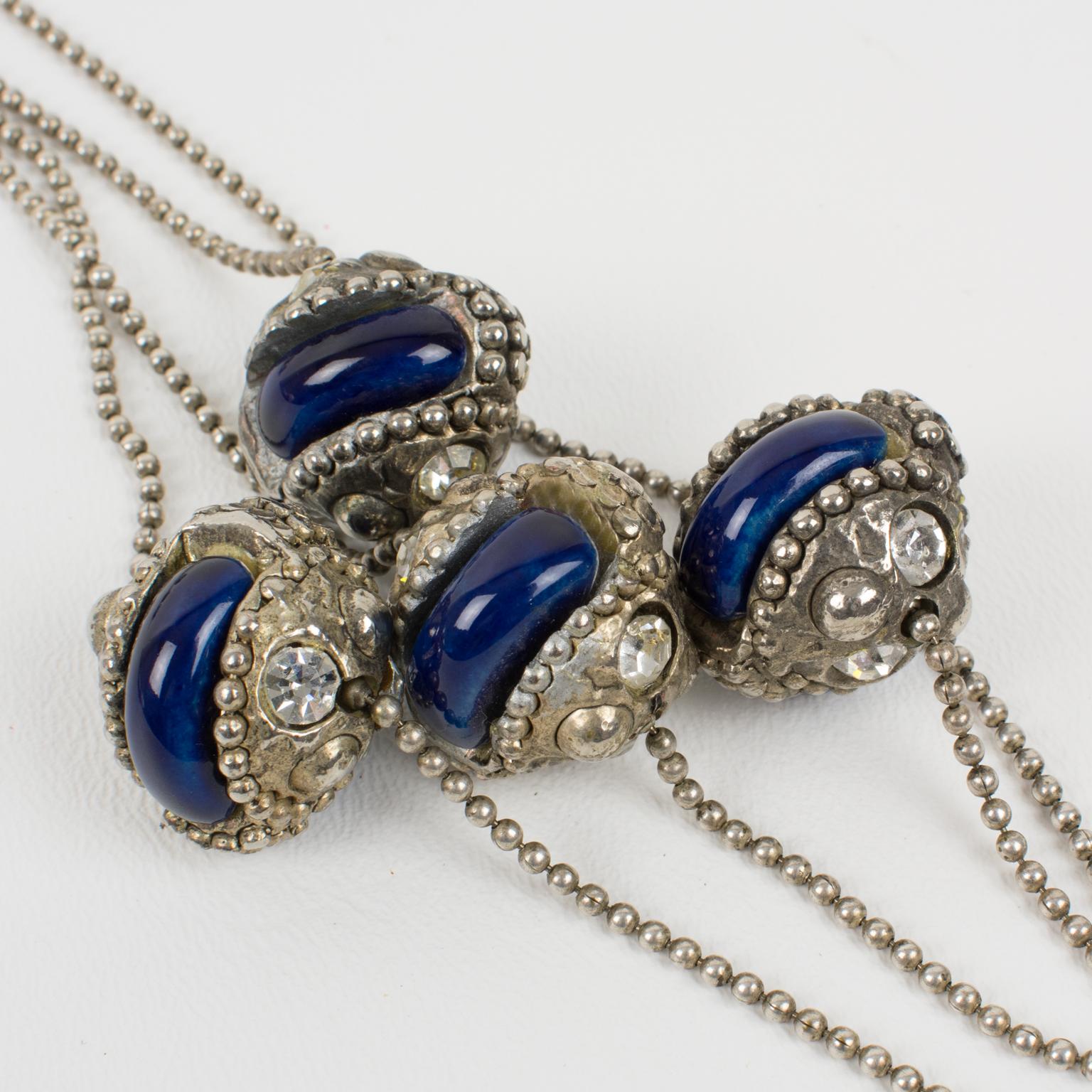 Alexis Lahellec Long Silvered Metal Necklace with Blue Ceramic Decor For Sale 5