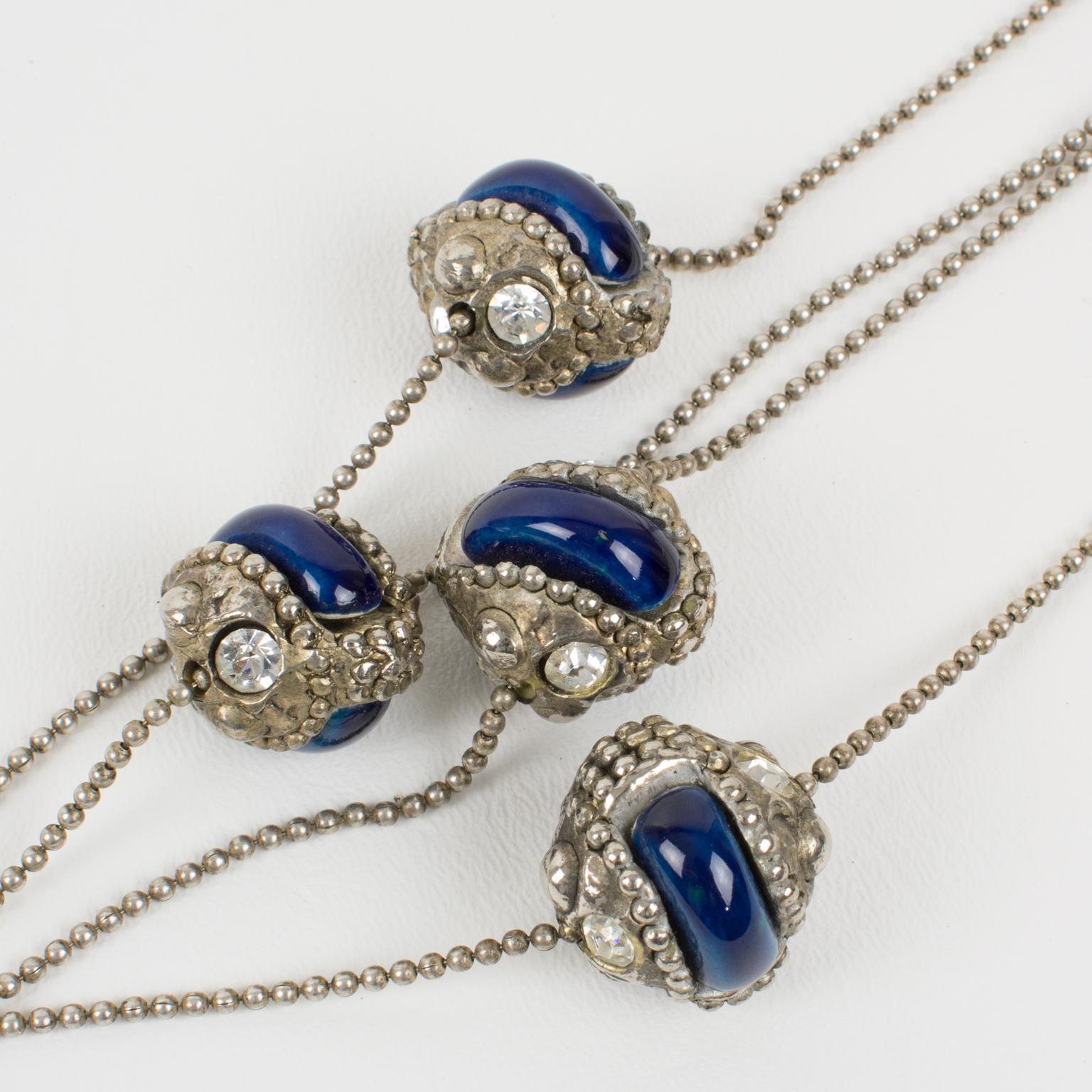 Alexis Lahellec Long Silvered Metal Necklace with Blue Ceramic Decor For Sale 6