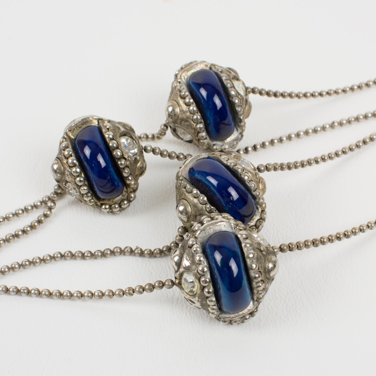 Alexis Lahellec Long Silvered Metal Necklace with Blue Ceramic Decor For Sale 7