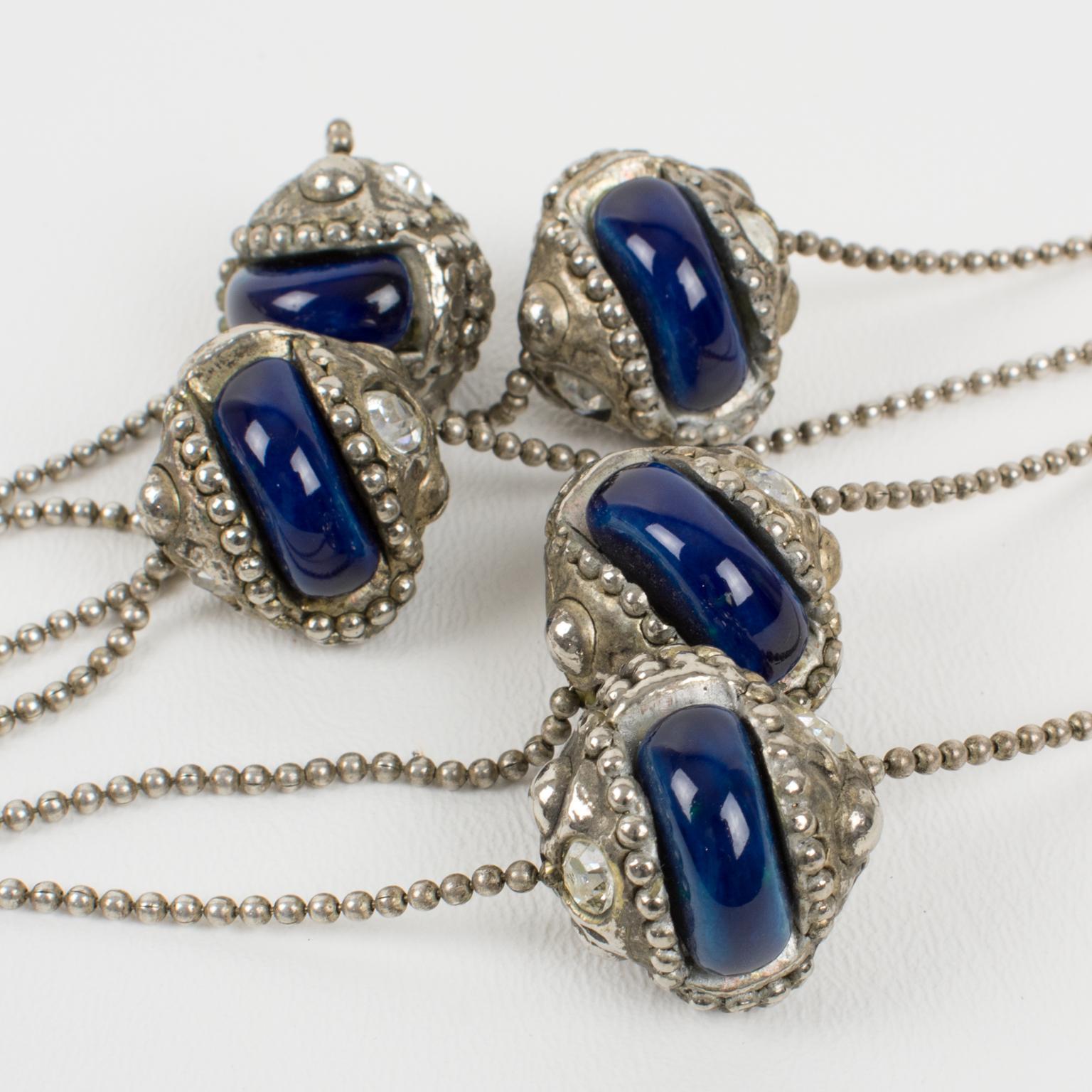 Alexis Lahellec Long Silvered Metal Necklace with Blue Ceramic Decor For Sale 8