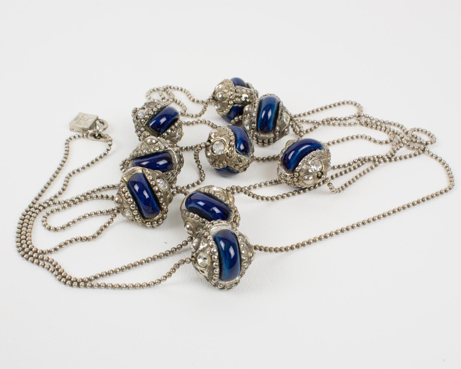 Alexis Lahellec Long Silvered Metal Necklace with Blue Ceramic Decor For Sale 9