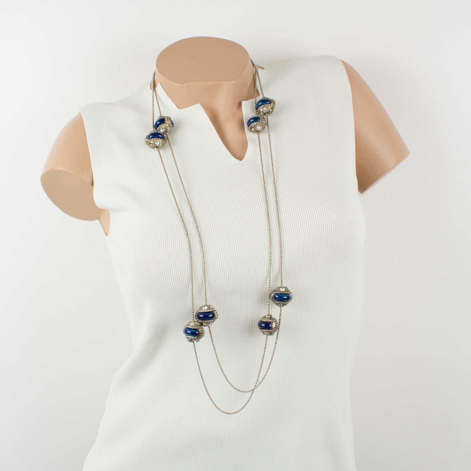 Modern Alexis Lahellec Long Silvered Metal Necklace with Blue Ceramic Decor For Sale