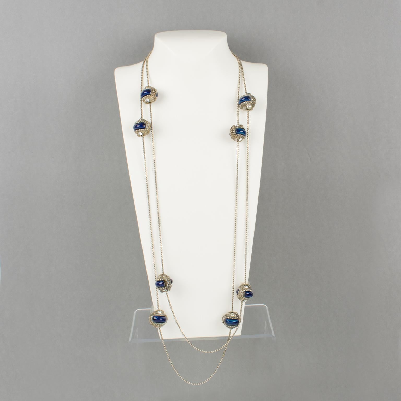 Alexis Lahellec Long Silvered Metal Necklace with Blue Ceramic Decor In Excellent Condition For Sale In Atlanta, GA