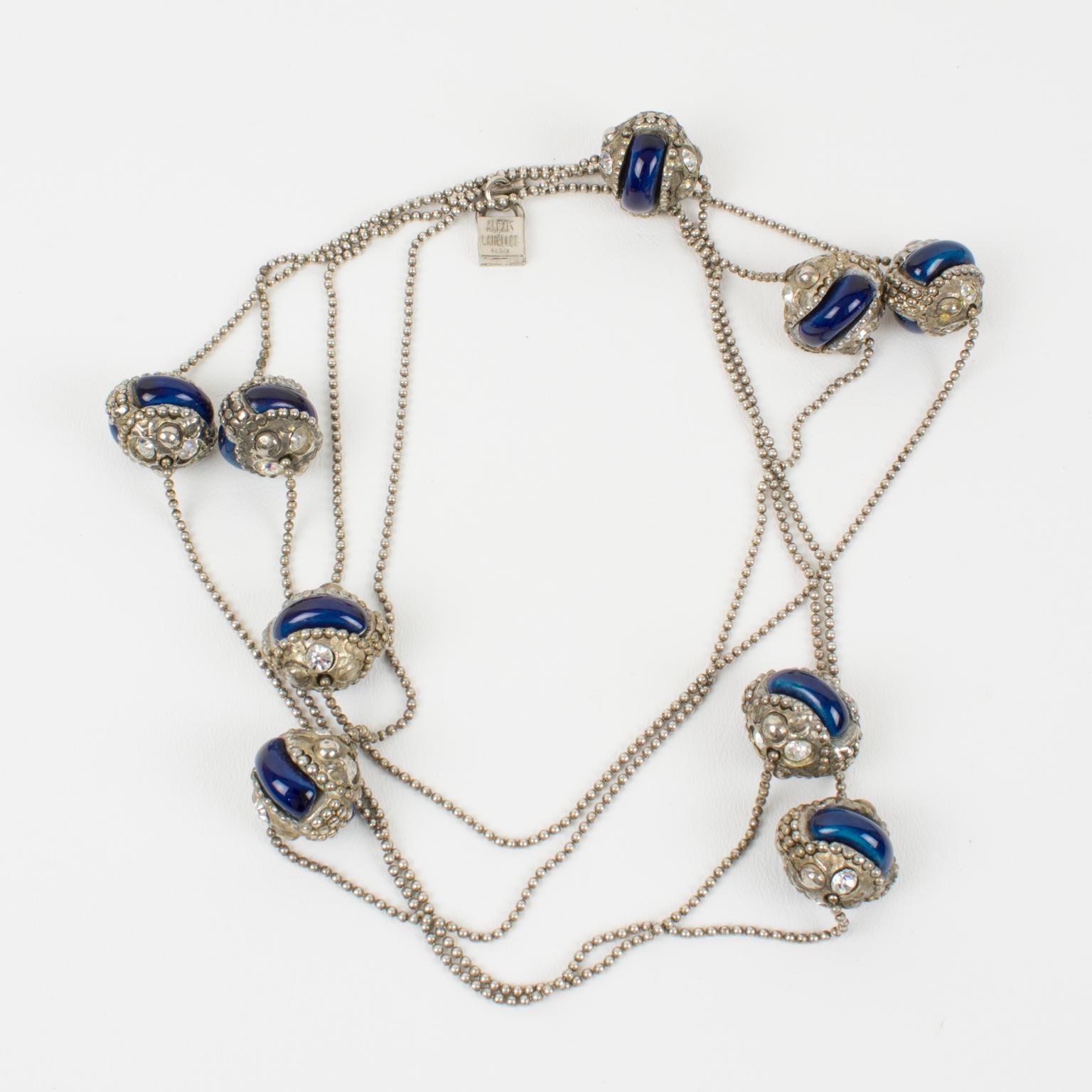 Alexis Lahellec Long Silvered Metal Necklace with Blue Ceramic Decor For Sale 1