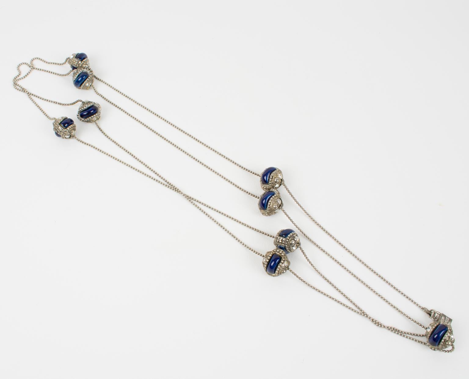 Alexis Lahellec Long Silvered Metal Necklace with Blue Ceramic Decor For Sale 2