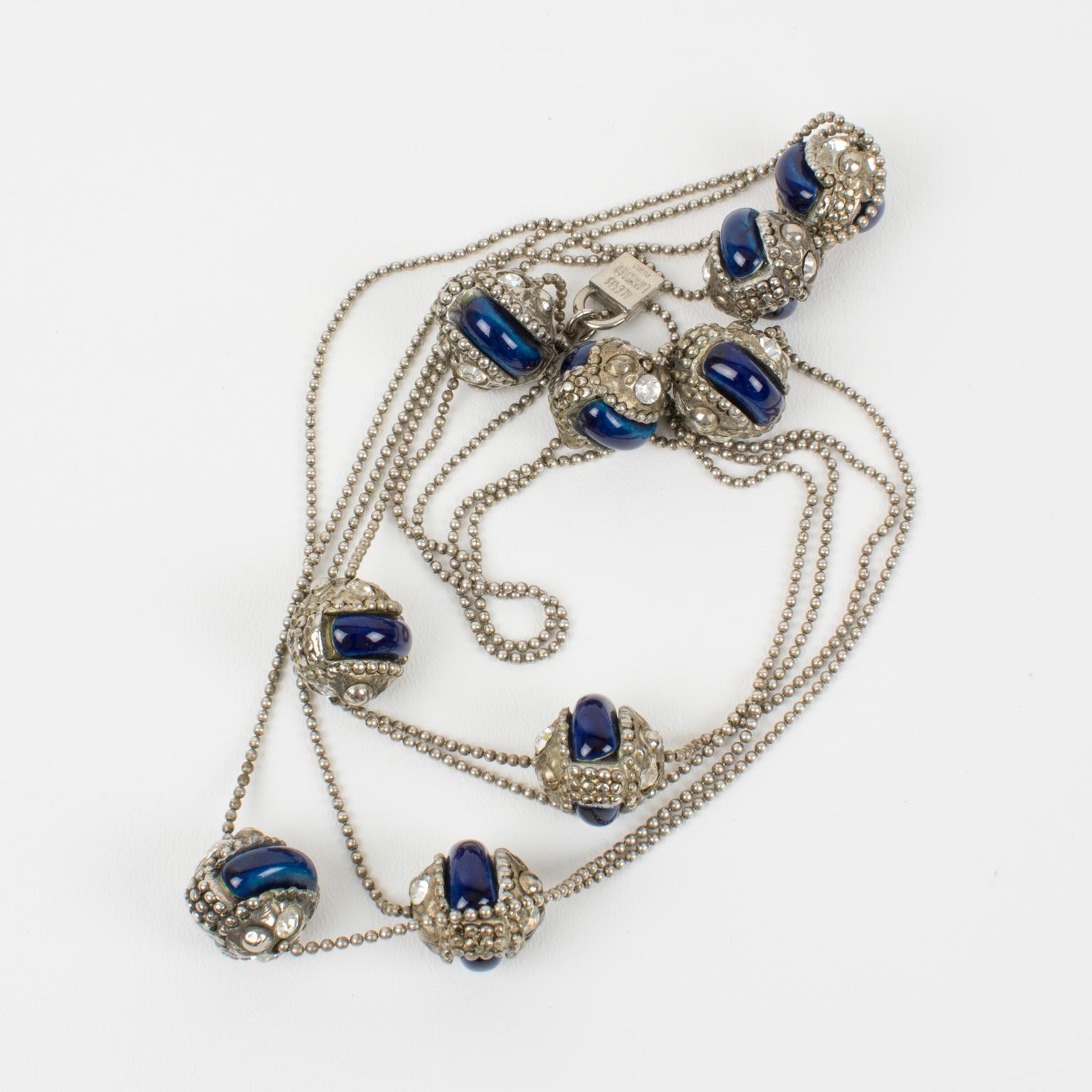 Alexis Lahellec Long Silvered Metal Necklace with Blue Ceramic Decor For Sale 4