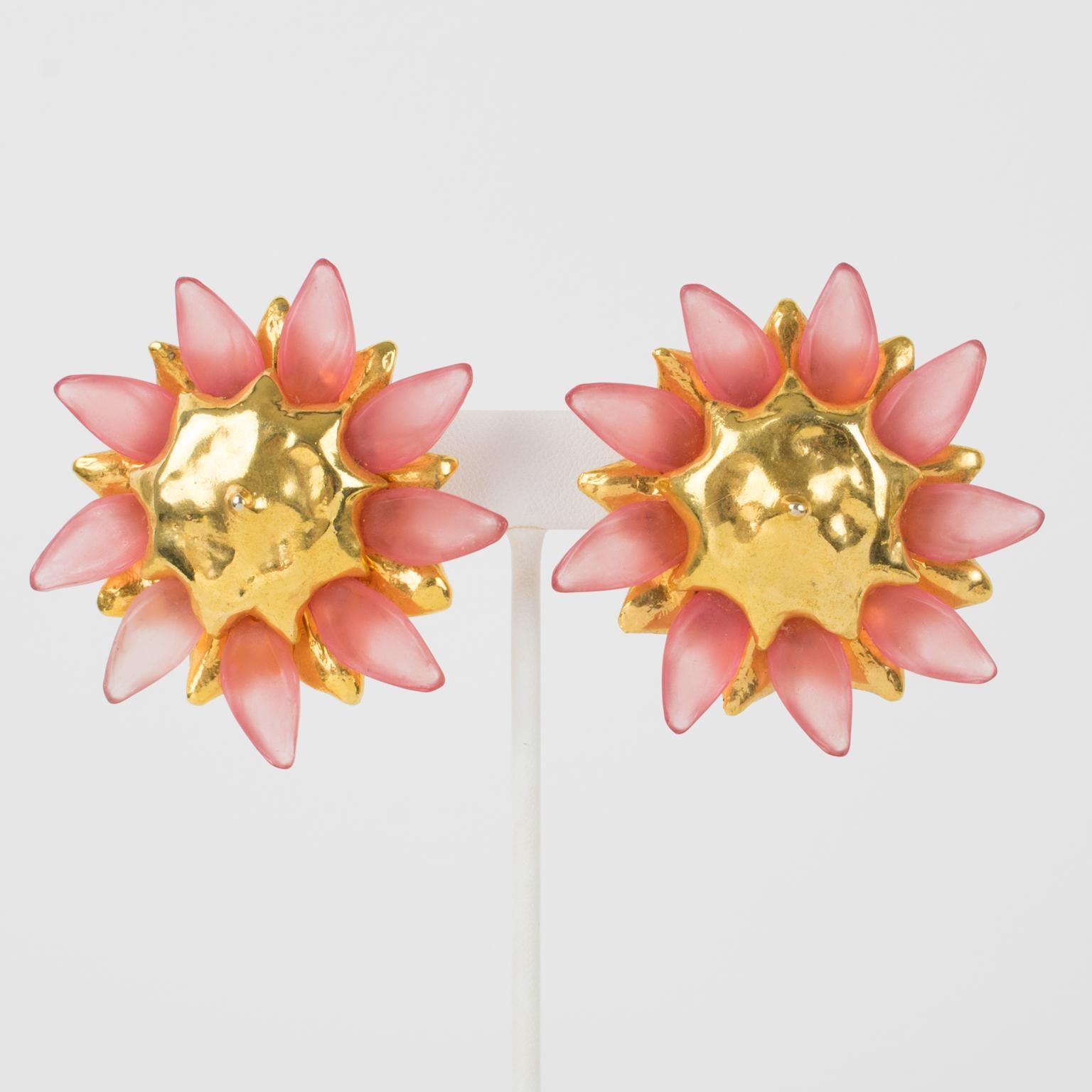 Alexis Lahellec Massive Pink and Gold Flower Earrings For Sale 2