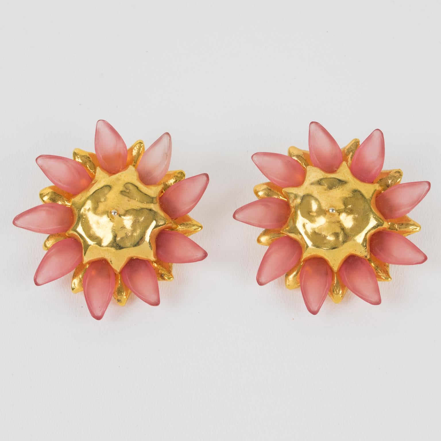 Modern Alexis Lahellec Massive Pink and Gold Flower Earrings For Sale