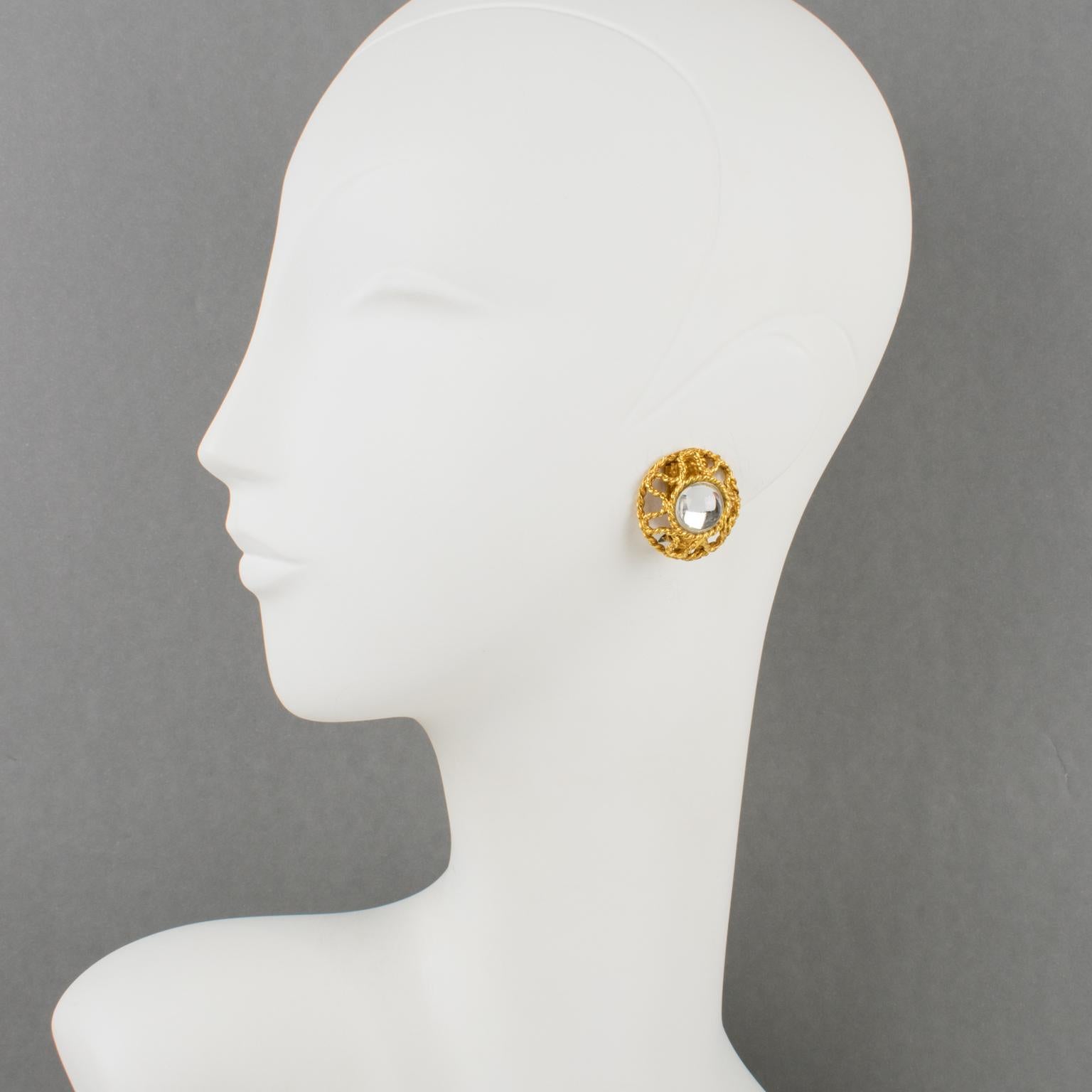 Lovely French designer Alexis Lahellec Paris signed clip-on earrings. They feature a rounded dimensional shape with gilt metal rope all carved and see-thru, topped with silver poured glass cabochon with a mirror effect. Signed at the back: 