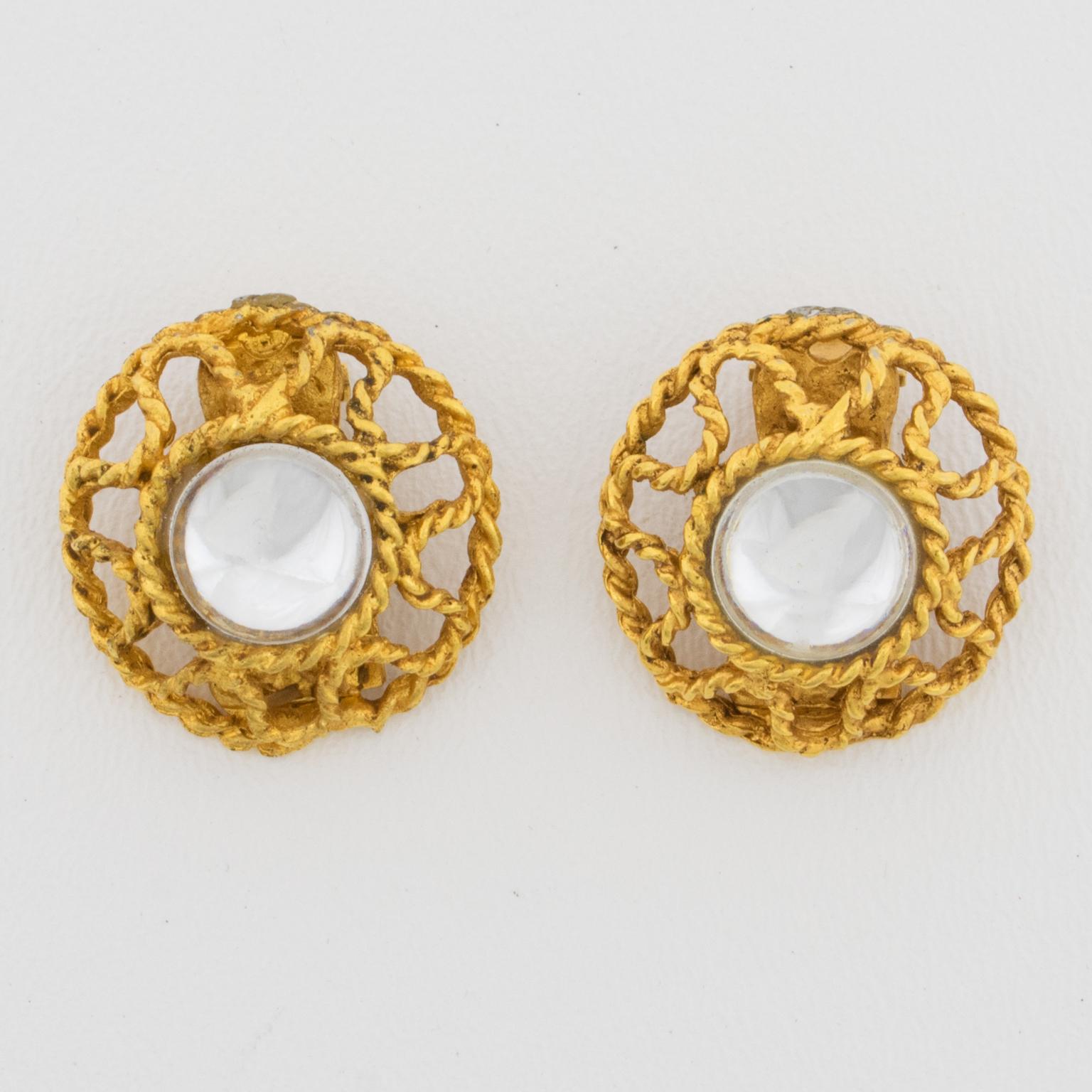 Alexis Lahellec Paris Clip-Ohrringe aus vergoldetem Metall mit verspiegelten Glas-Cabochons (Moderne) im Angebot