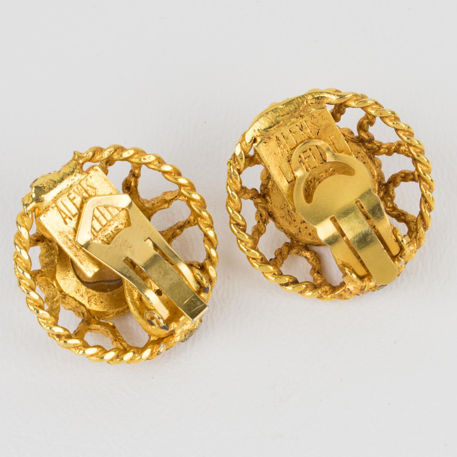  Alexis Lahellec Paris Clip Earrings Gilt Metal with Mirrored Glass Cabochons In Good Condition For Sale In Atlanta, GA