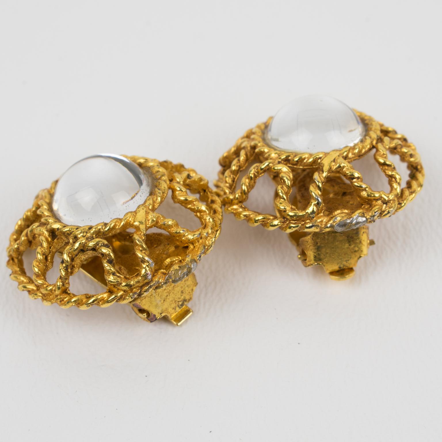  Alexis Lahellec Paris Clip Earrings Gilt Metal with Mirrored Glass Cabochons For Sale 1