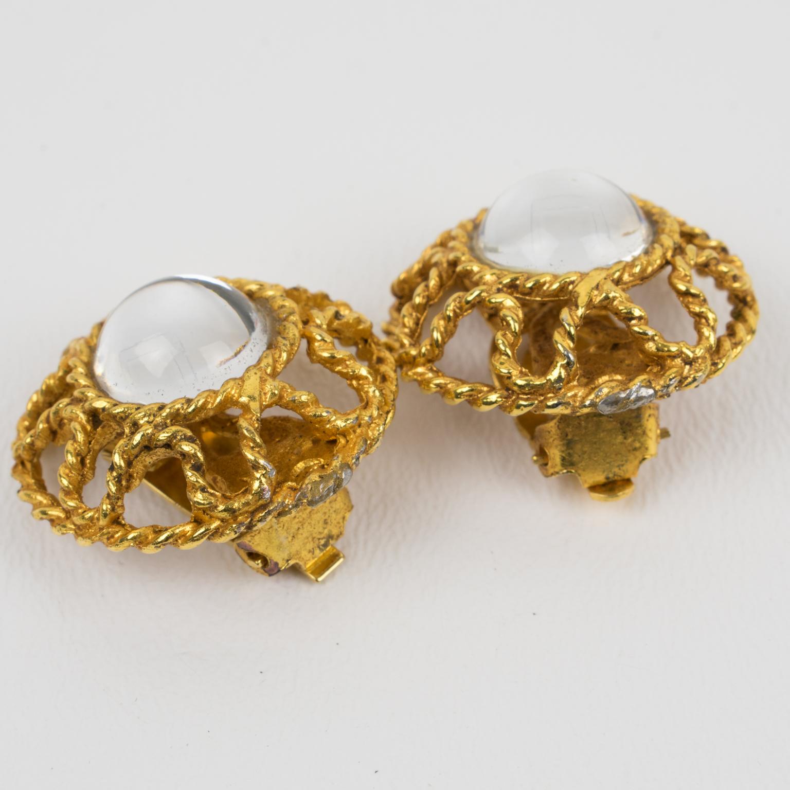 Alexis Lahellec Paris Clip-Ohrringe aus vergoldetem Metall mit verspiegelten Glas-Cabochons im Angebot 1