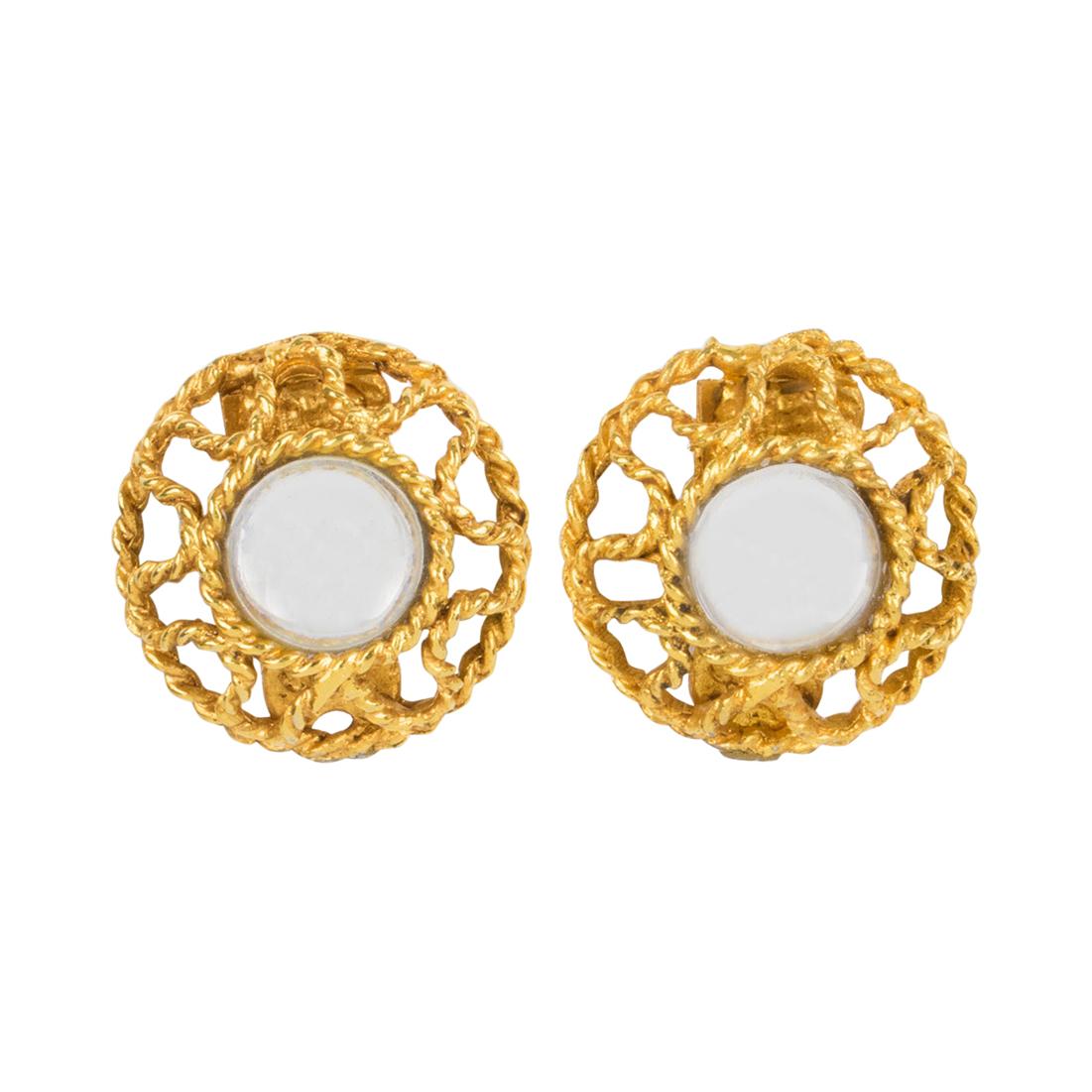  Alexis Lahellec Paris Clip Earrings Gilt Metal with Mirrored Glass Cabochons For Sale