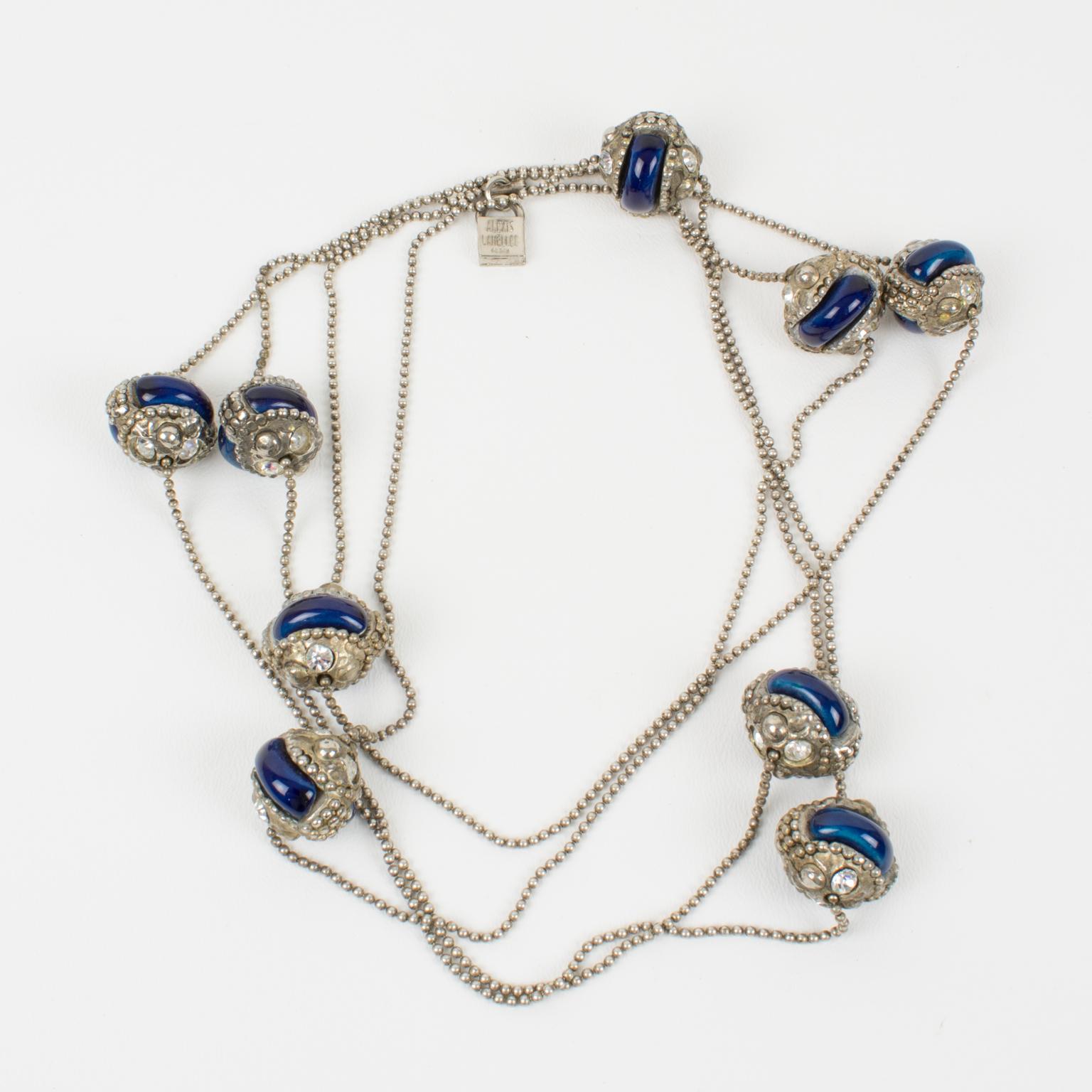 Alexis Lahellec Paris Extra Long Silvered Metal Necklace with Blue Ceramic Beads For Sale 1
