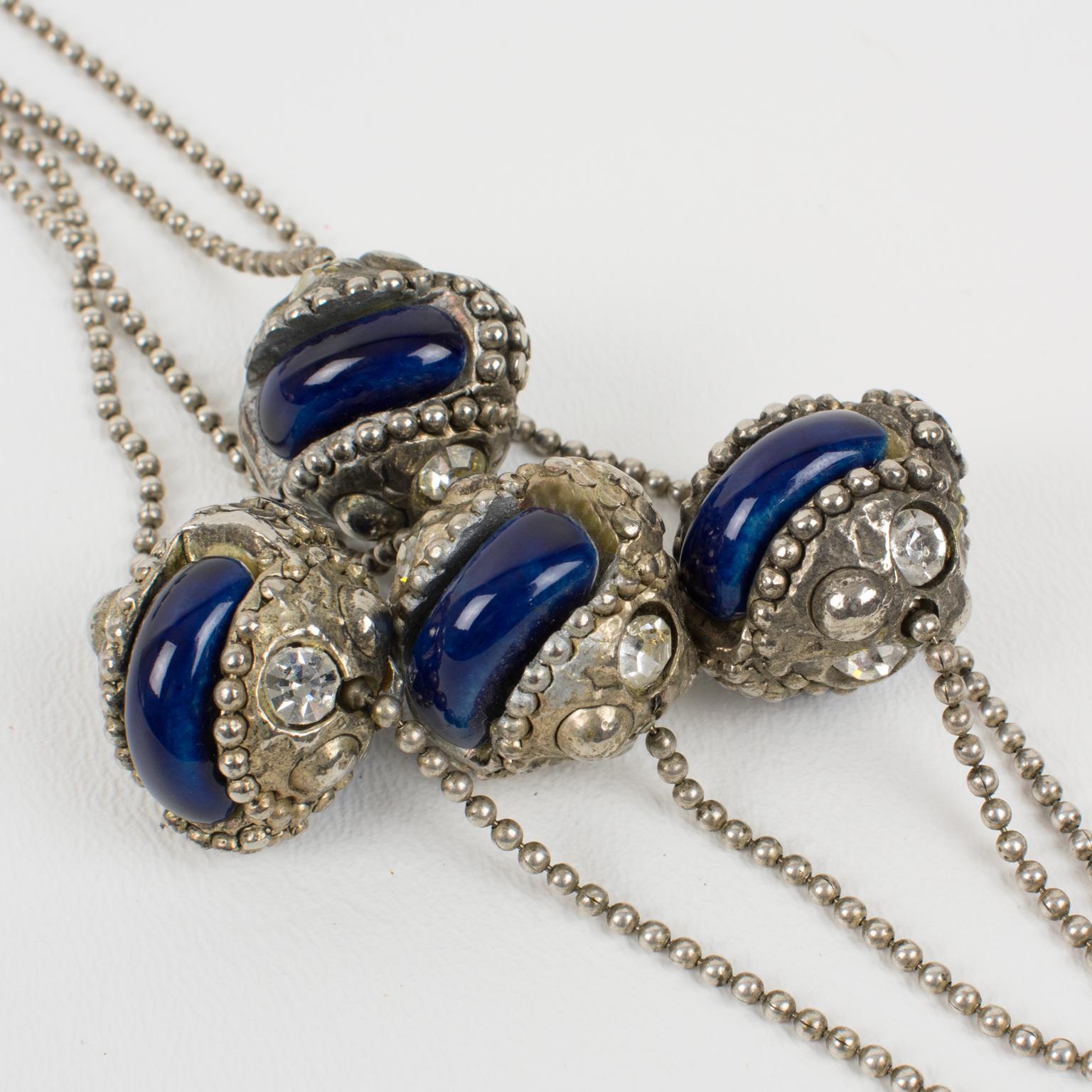 Alexis Lahellec Paris Extra Long Silvered Necklace Blue Ceramic For Sale 2