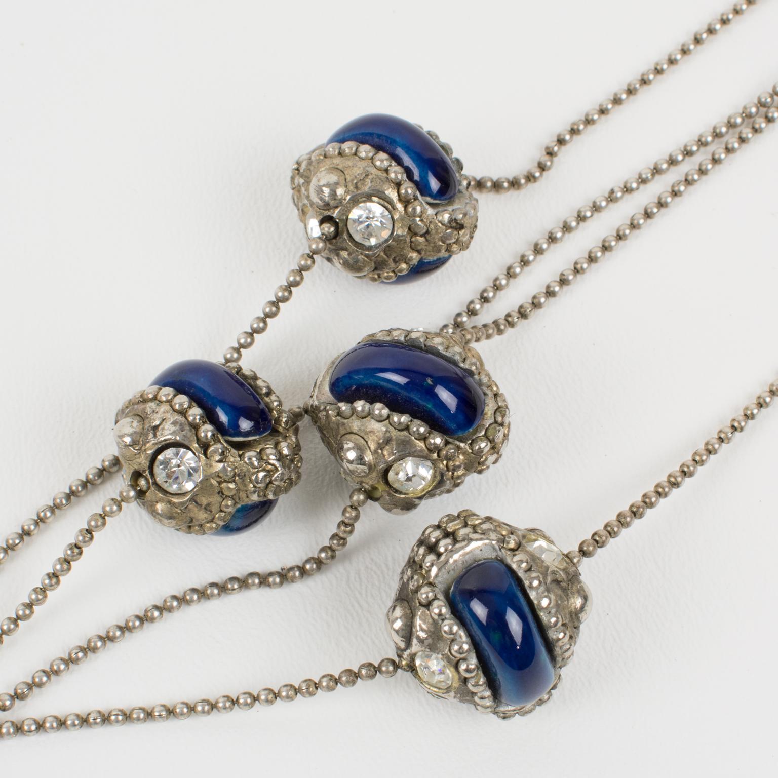 Alexis Lahellec Paris Extra Long Silvered Necklace Blue Ceramic For Sale 3