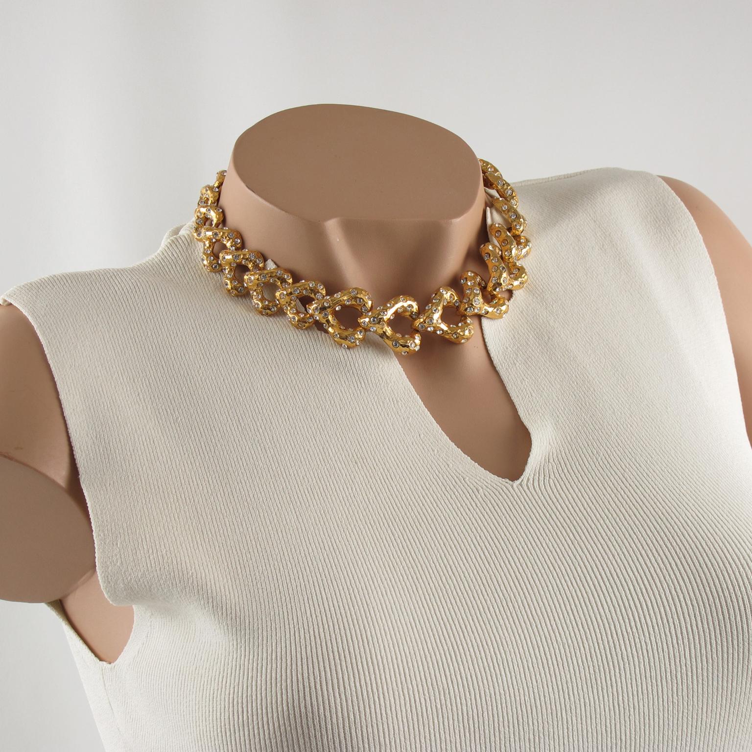 Lovely French designer Alexis Lahellec Paris choker necklace. Freeform dimensional heart shape with gilt metal all textured paved with tiny clear crystal rhinestones. Fold-over closing clasp. Signed at the clasp with a tiny gilded tag 