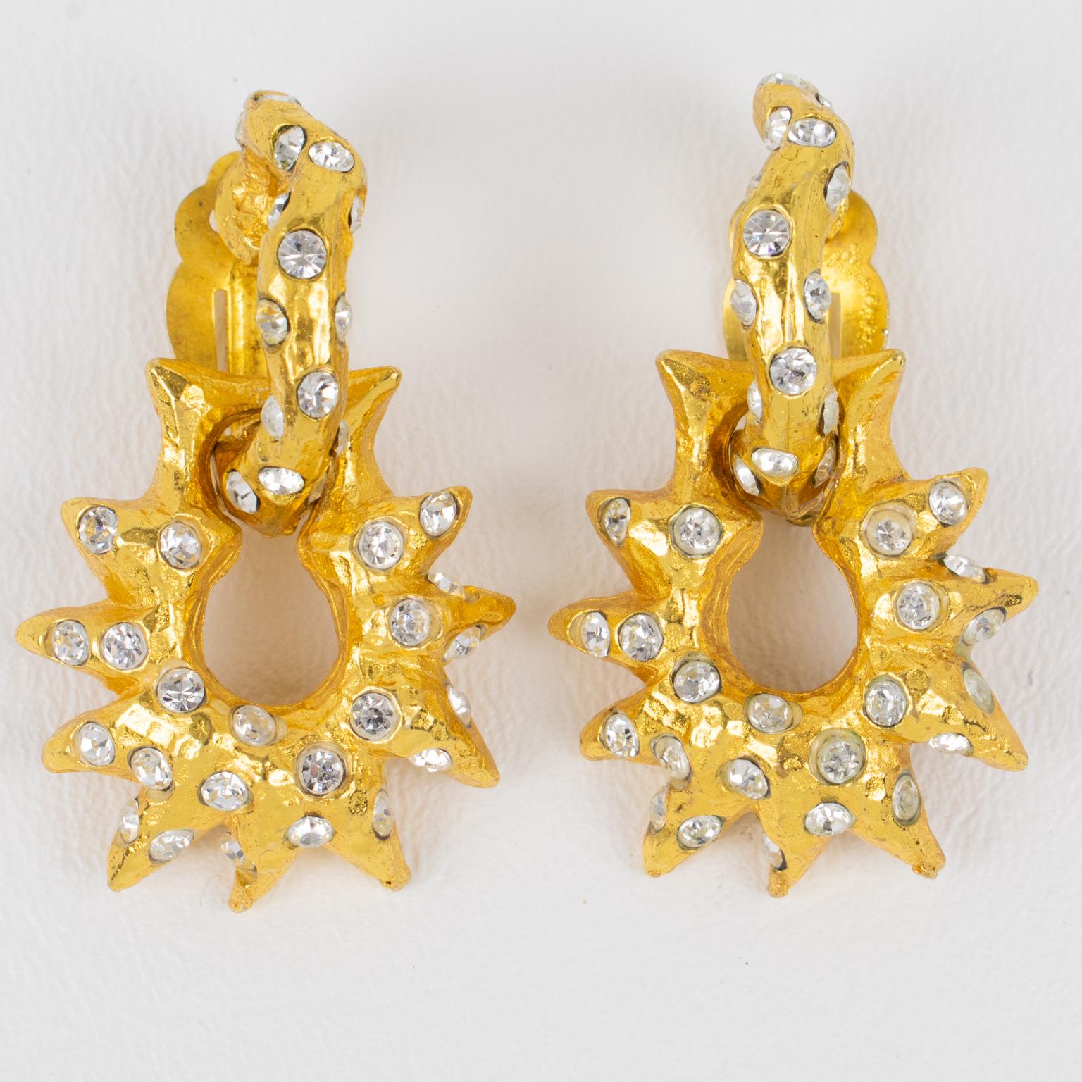 Modern Alexis Lahellec Paris Gilt Metal Jeweled Door Knocker Clip Earrings For Sale