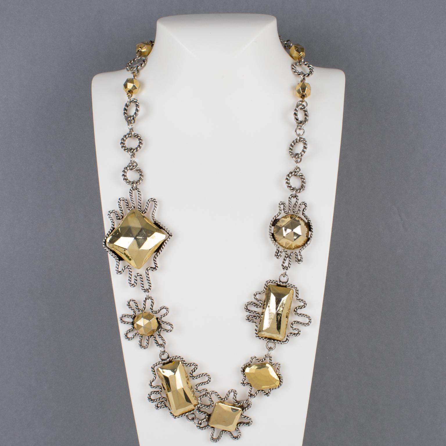 Modernist Alexis Lahellec Paris Massive Gilt Metal and Silver Plate Charm Necklace For Sale