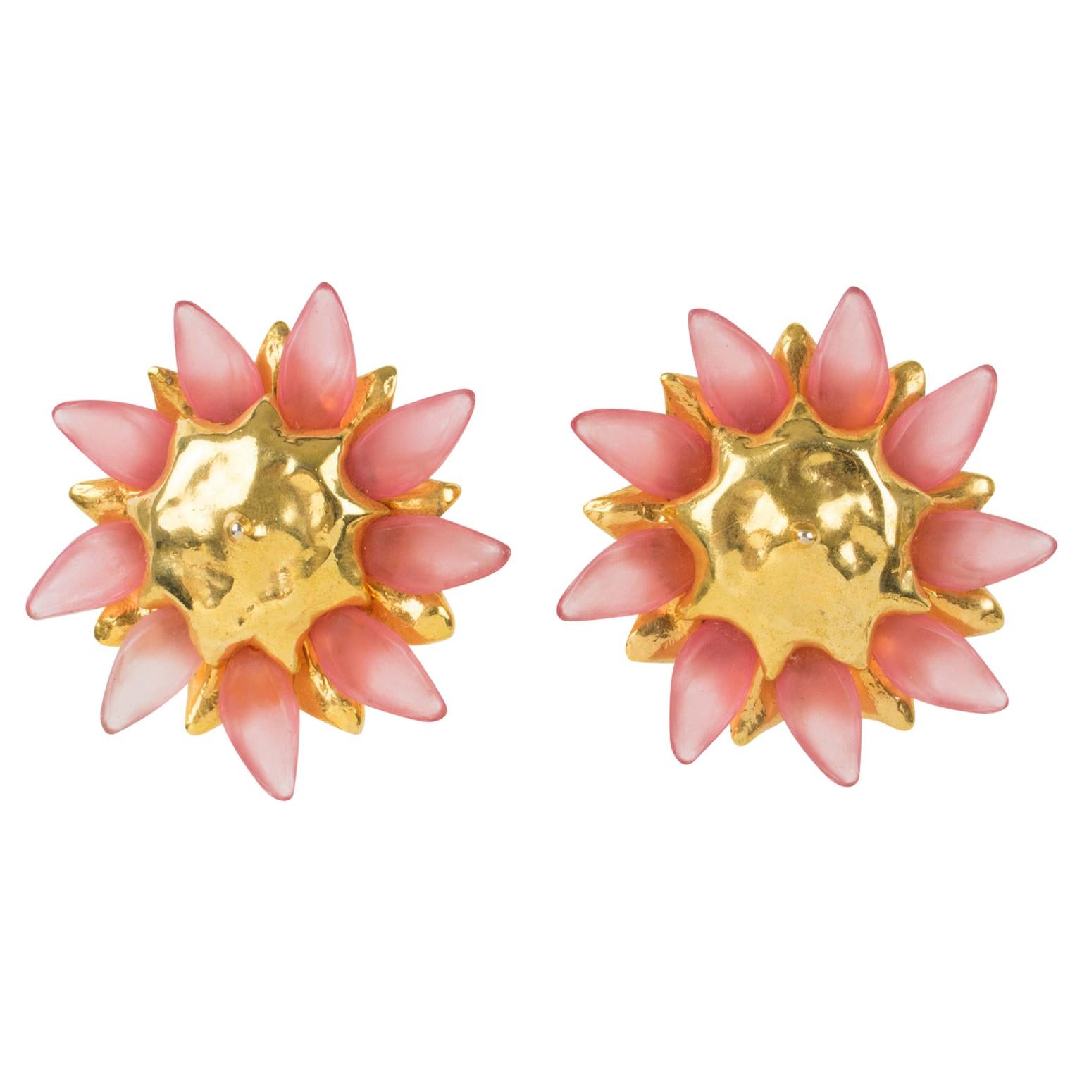 Alexis Lahellec Pink Resin Floral Clip Earrings For Sale