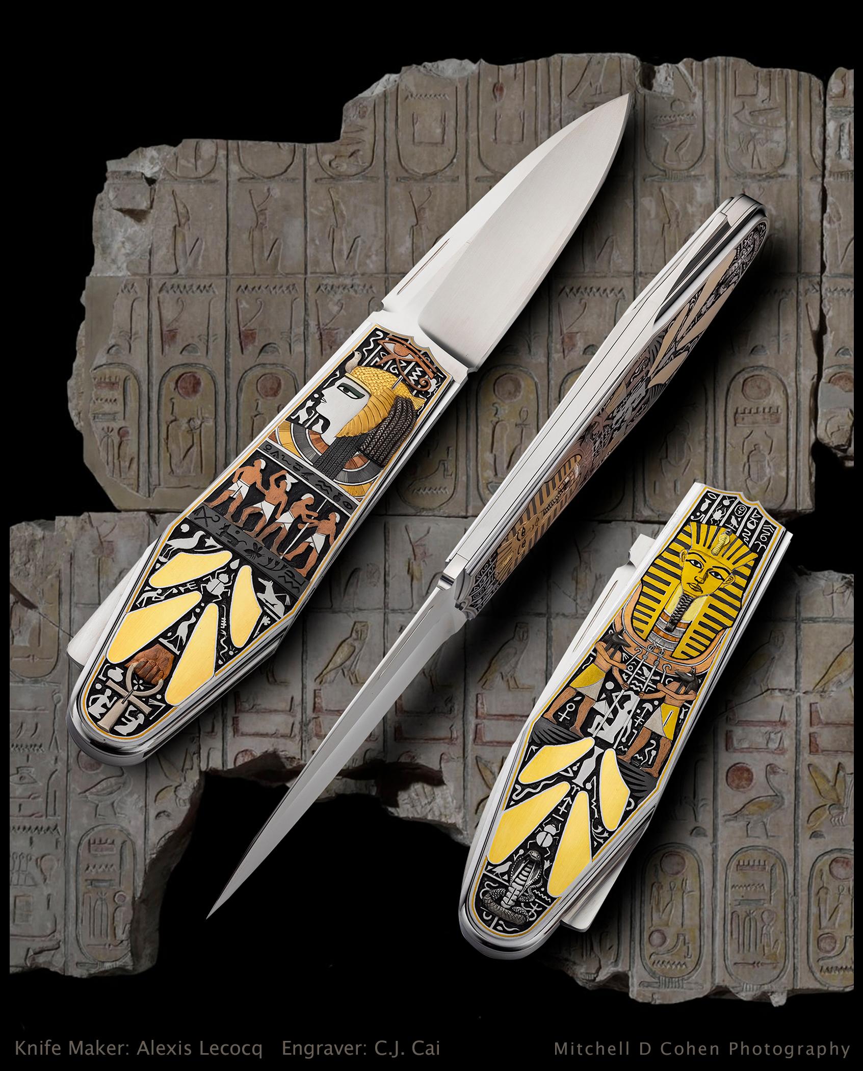 Alexis Lecocq Folder Knife, Engraver: C.J. Cai, 22kt Egyptian Engraving Back lock 