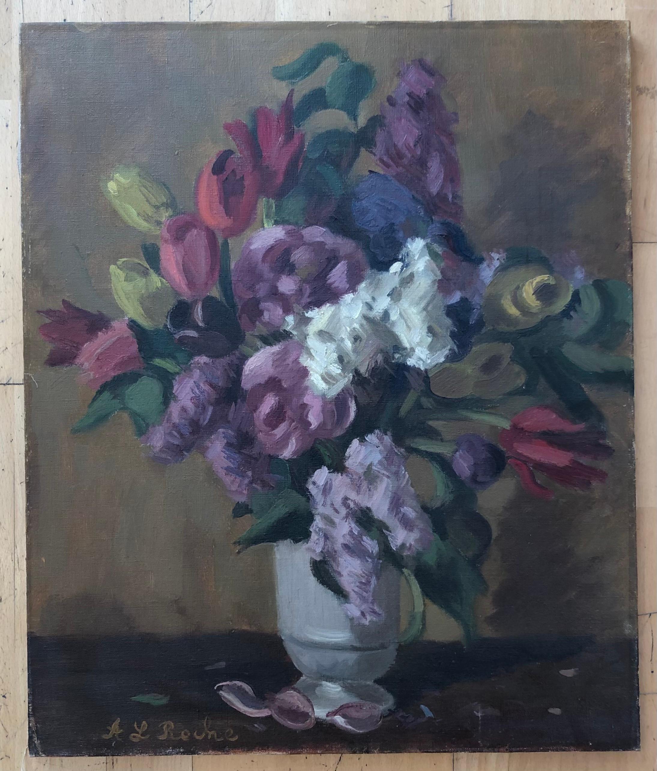 Bouquet of flowers, tulips, lilacs and peonies - Painting by Alexis Louis Roche