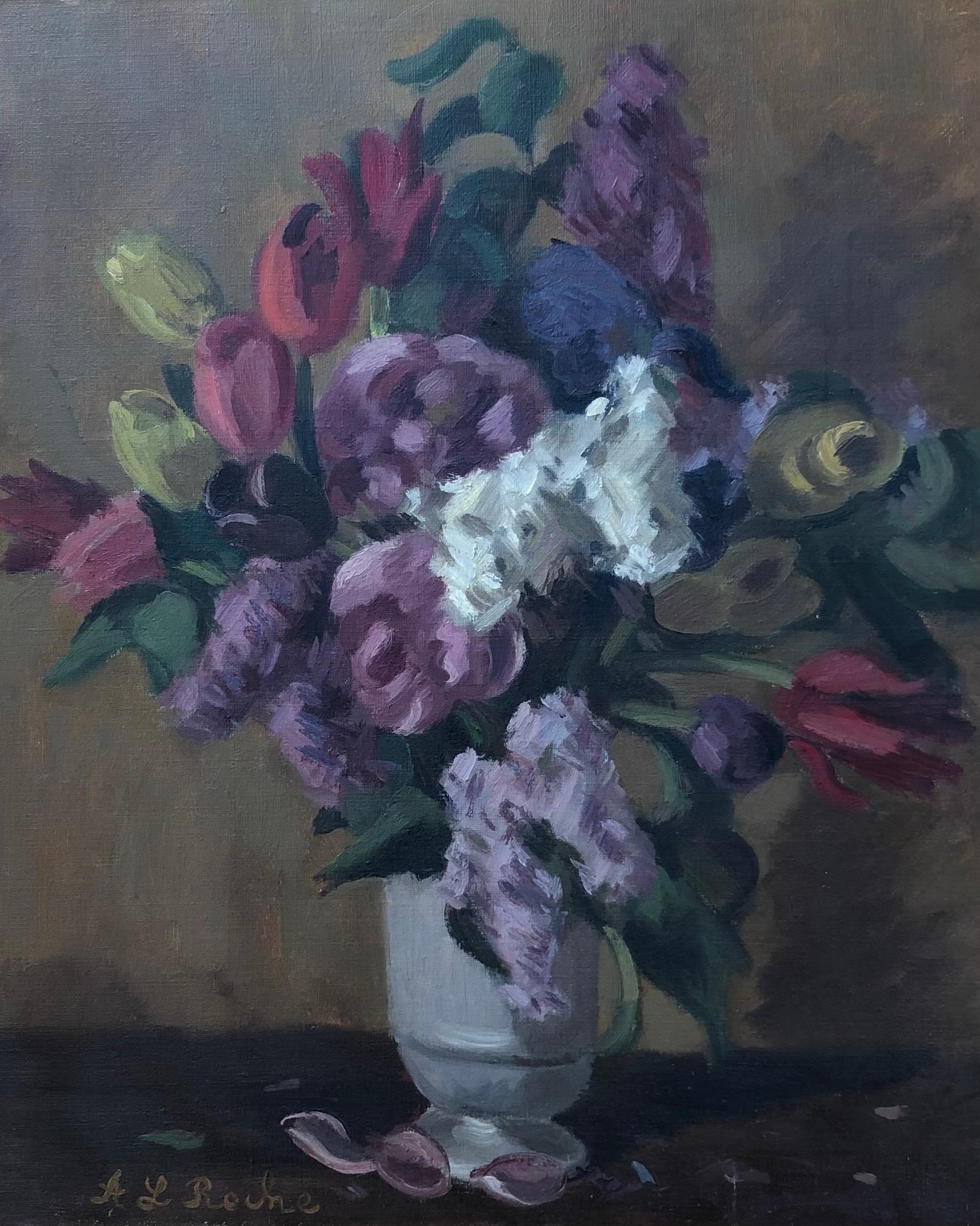 Alexis Louis Roche Still-Life Painting - Bouquet of flowers, tulips, lilacs and peonies