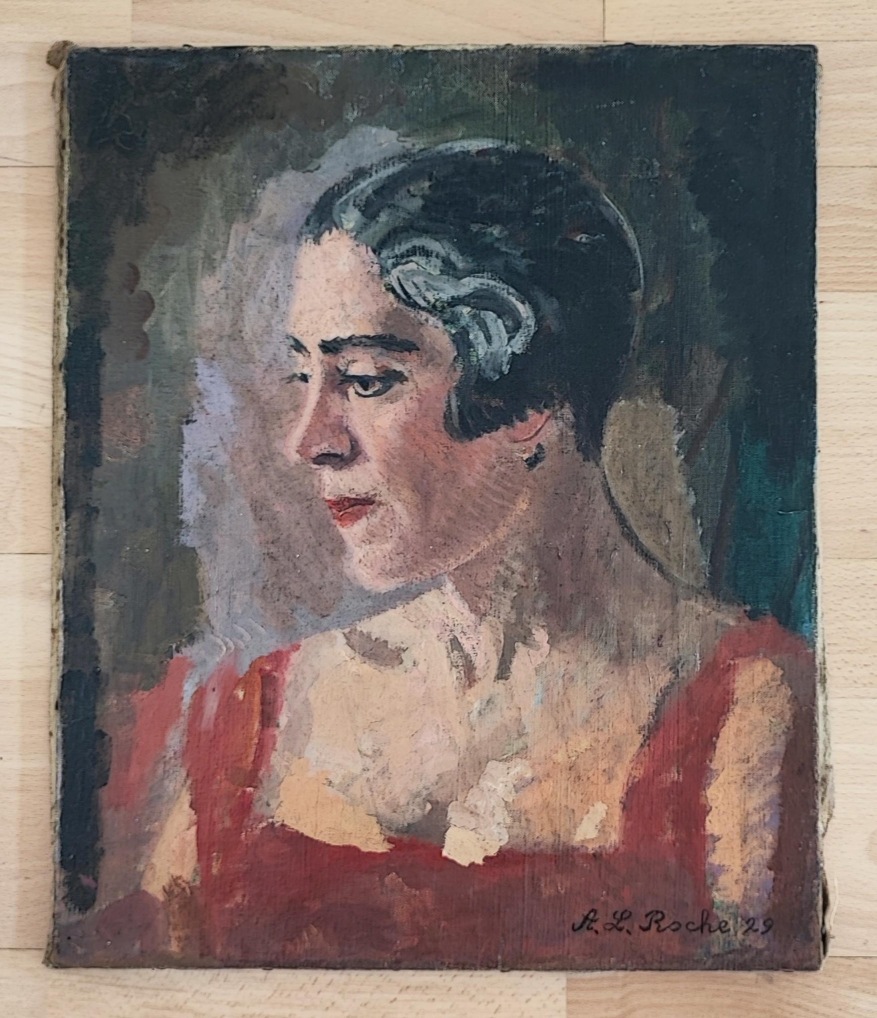 Portrait of young woman, 20s hairstyle - Painting by Alexis Louis Roche