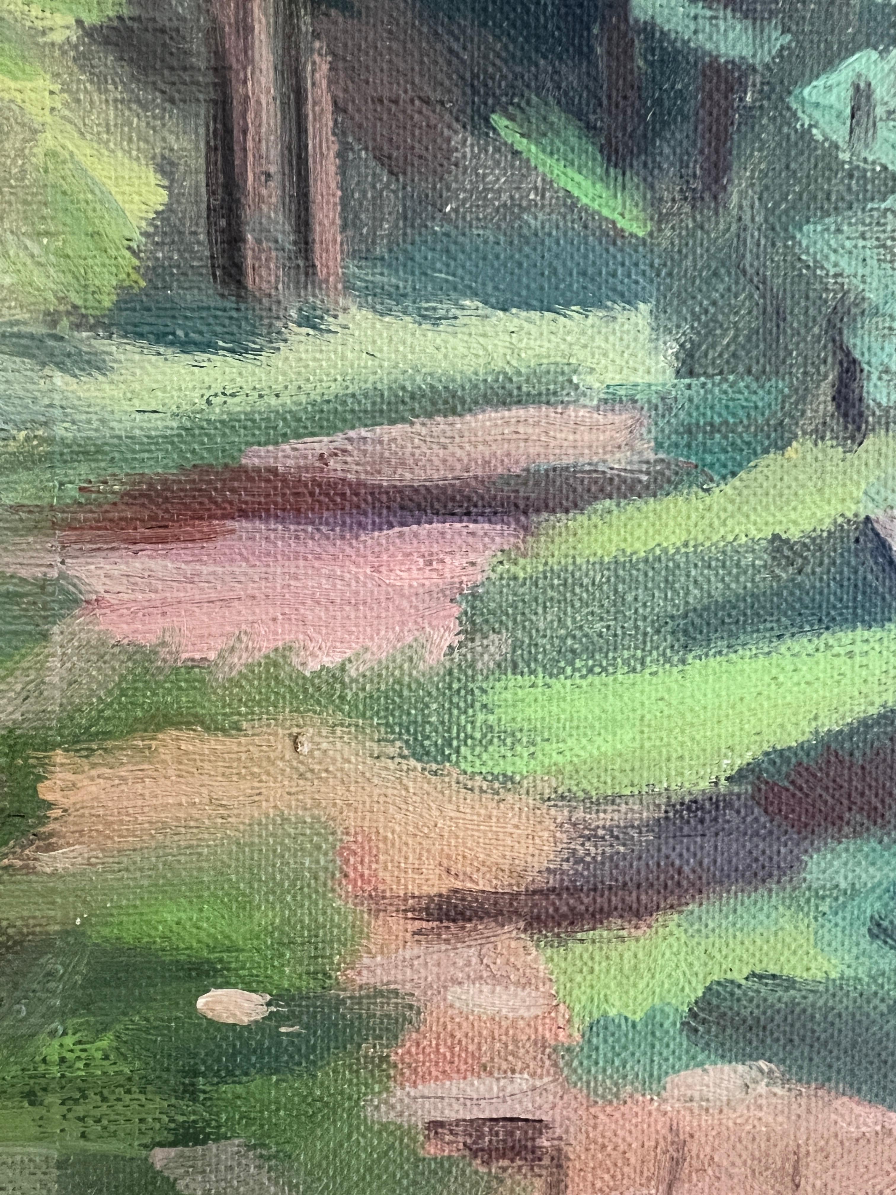 Obra sobre lienzo

Esta obra de arte representa una escena forestal vibrante y envolvente, que evoca un paseo intemporal por un sendero natural. El pintor utiliza una rica paleta de verdes profundos y marrones terrosos, infundiendo una auténtica