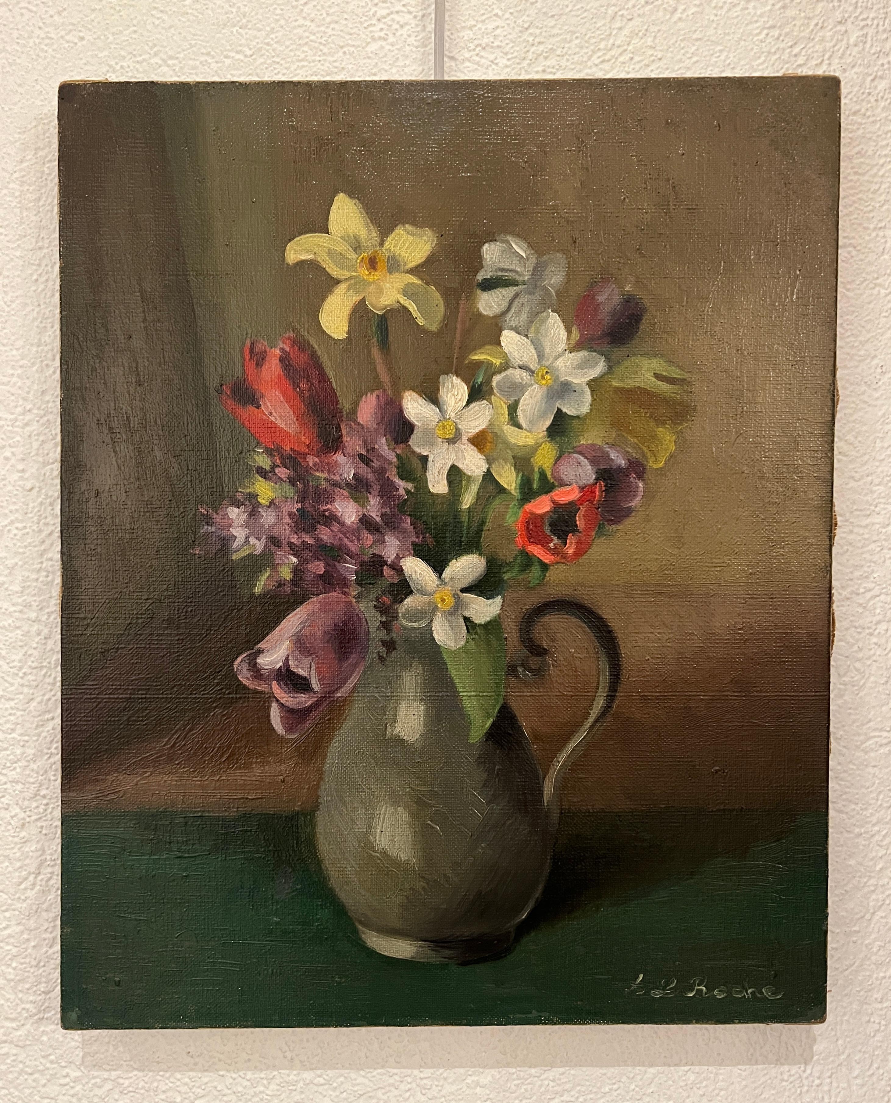 Natura morta con brocca di terracotta grigia - Painting di Alexis Louis Roche