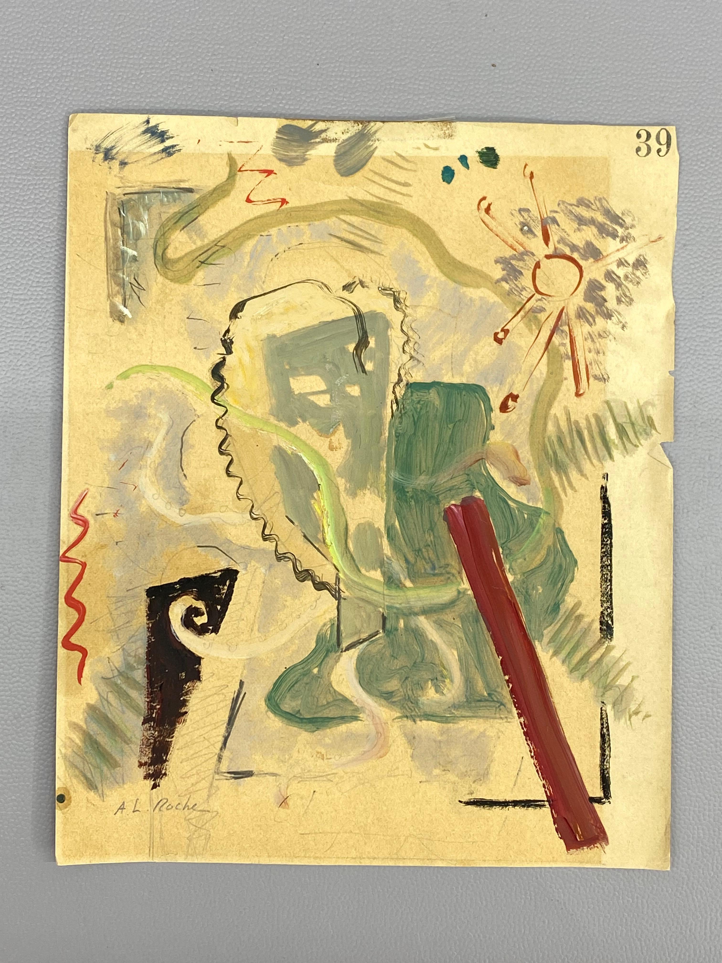 Alexis-Louis Roche (1891-1961, Svizzera) Olio astratto Bauhaus su carta per quaderni. Chiaramente influenzato dall'uso di Kandinsky di forme organiche giustapposte all'angolo e alla linea retta. La data dell'opera sul retro indica che rientra nel