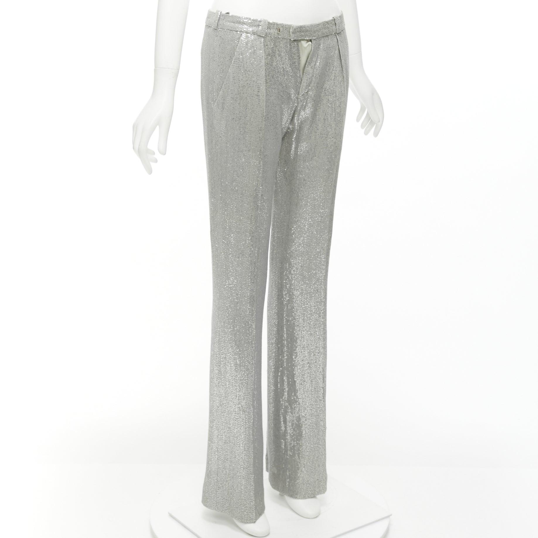 ALEXIS MABILLE 100% silk silver sequinned straight leg trouser pants FR36 S In Excellent Condition For Sale In Hong Kong, NT