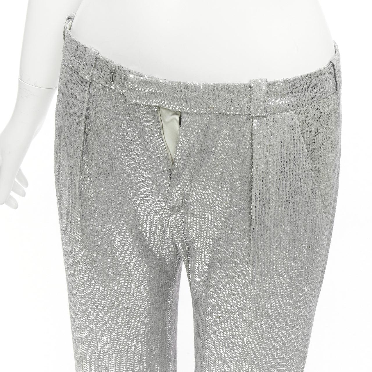 ALEXIS MABILLE 100% silk silver sequinned straight leg trouser pants FR36 S For Sale 3