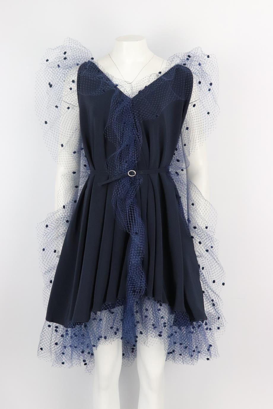Alexis Mabille crystal embellished belted voile trimmed crepe mini dress. Navy. Sleeveless, v-neck. Slips on. 80% Acetate, 20% polyester. Size: FR 36 (UK 8, US 4, IT 40). Bust: 64 in. Waist: 80 in. Hips: 80 in. Length: 32 in. Very good condition -