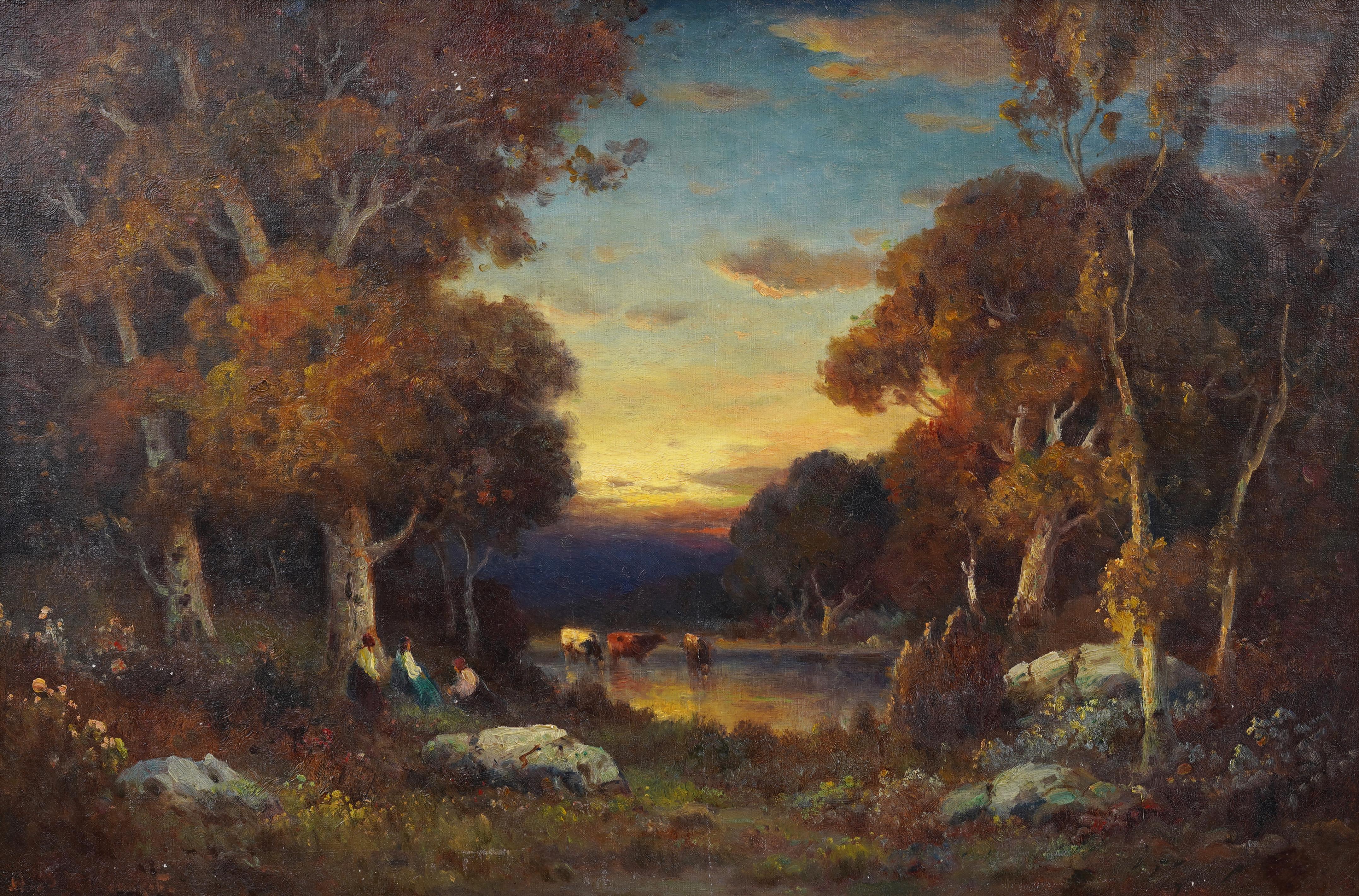 Evening Glow Antique American Impressionist California Landscape Oil Painting For Sale 1