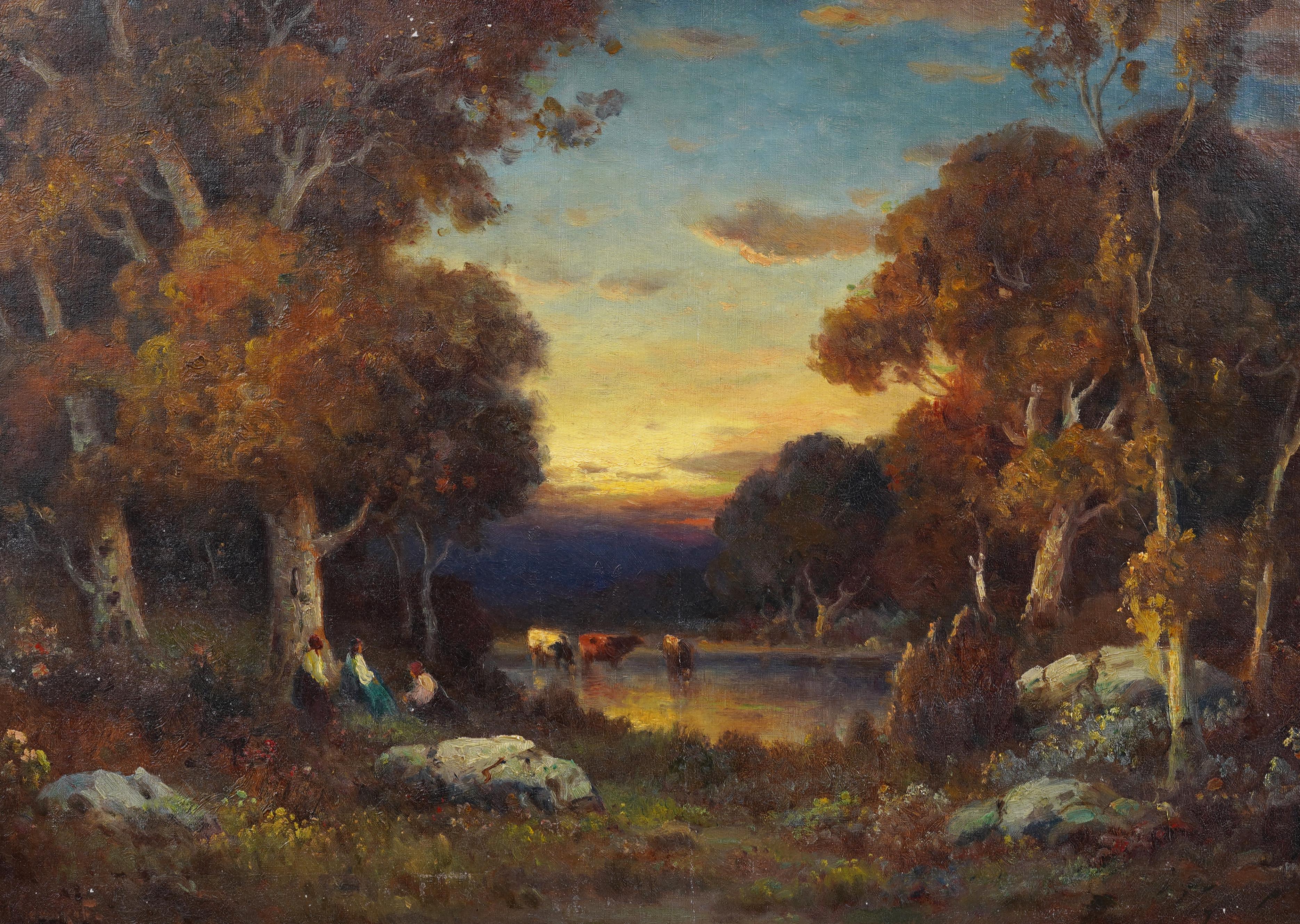 Evening Glow Antique American Impressionist California Landscape Oil Painting For Sale 1