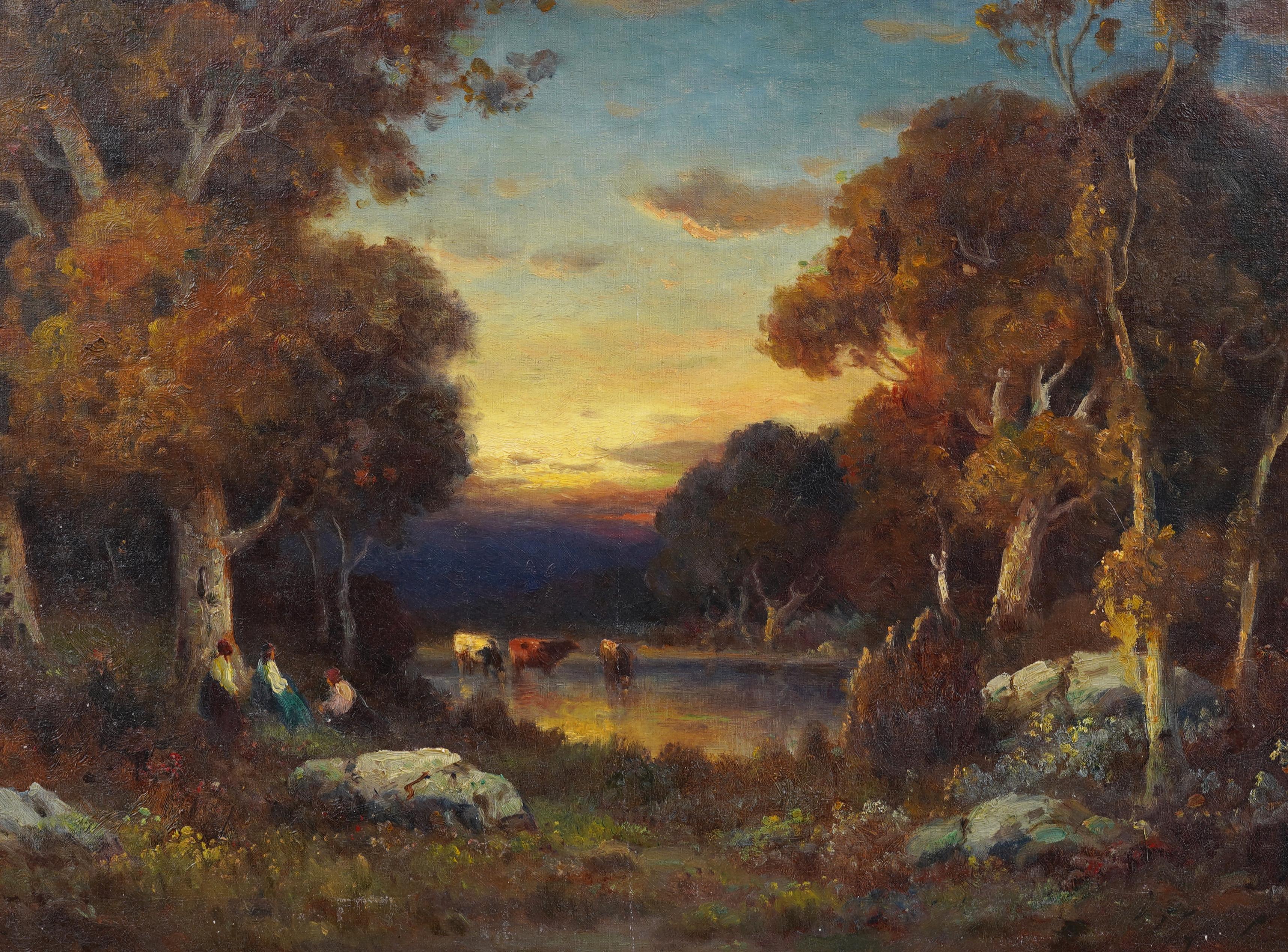Evening Glow Antique American Impressionist California Landscape Oil Painting For Sale 3