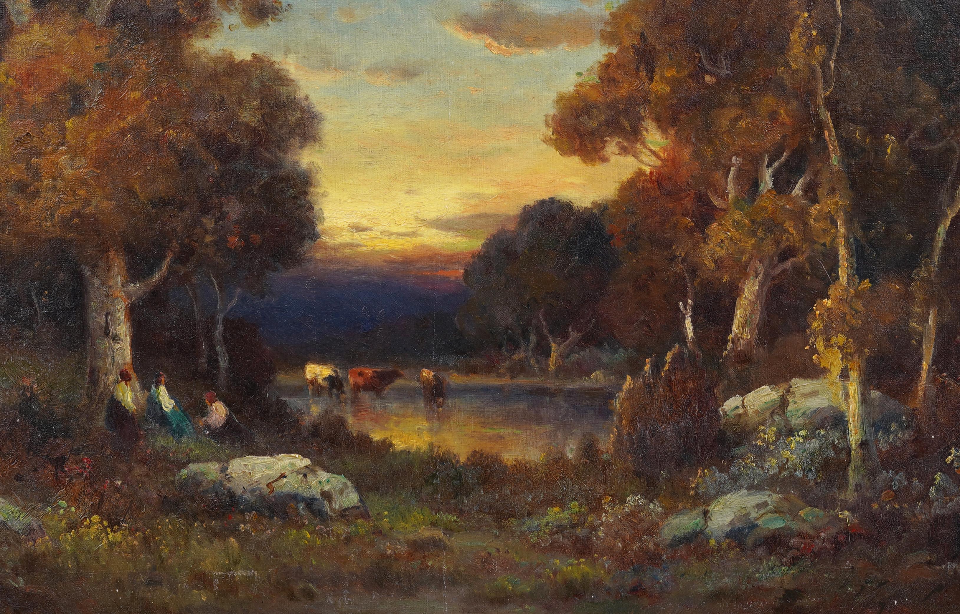 Evening Glow Antique American Impressionist California Landscape Oil Painting For Sale 4