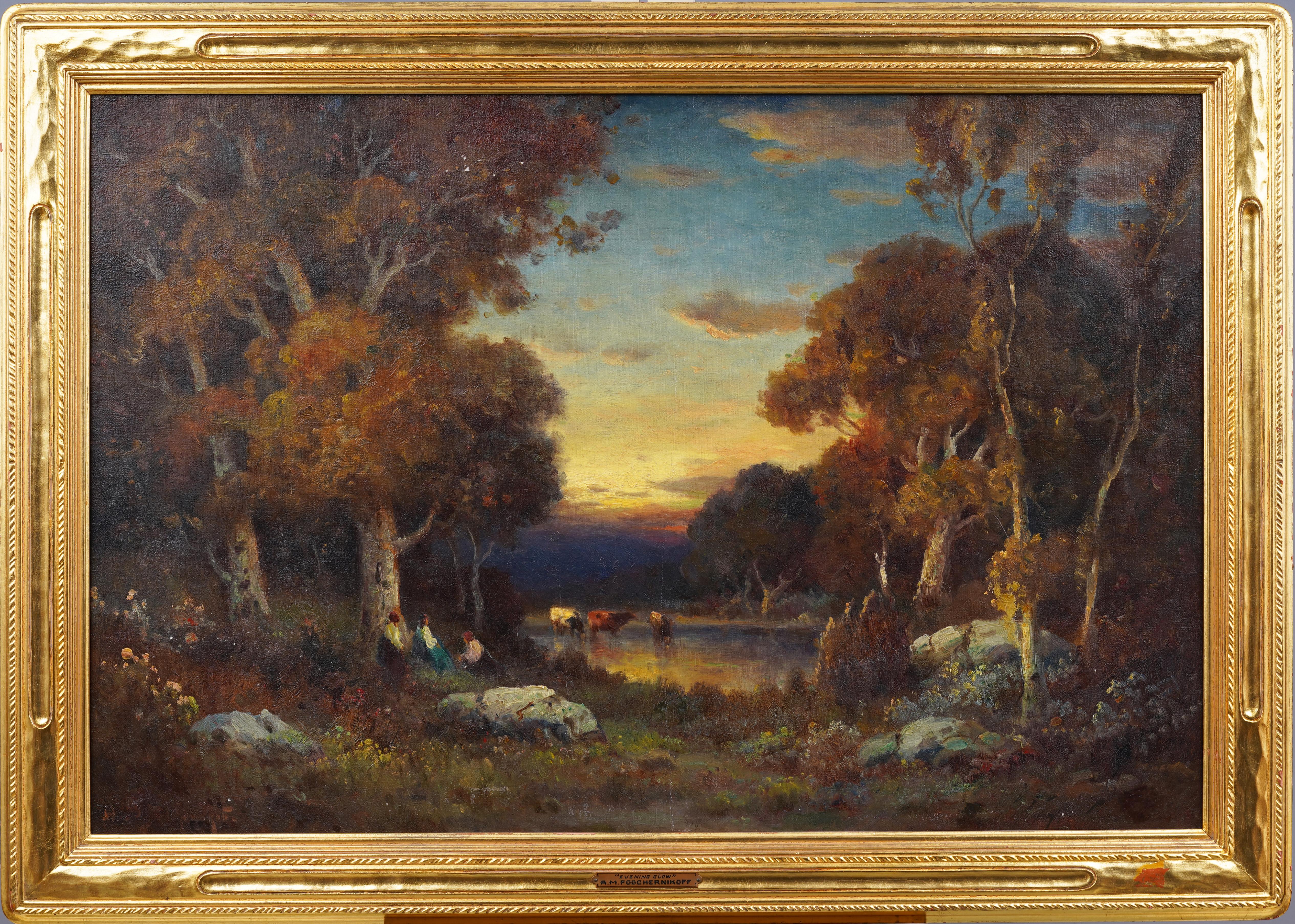 Bagliore della sera Antico dipinto ad olio del paesaggio californiano dell'impressionismo americano